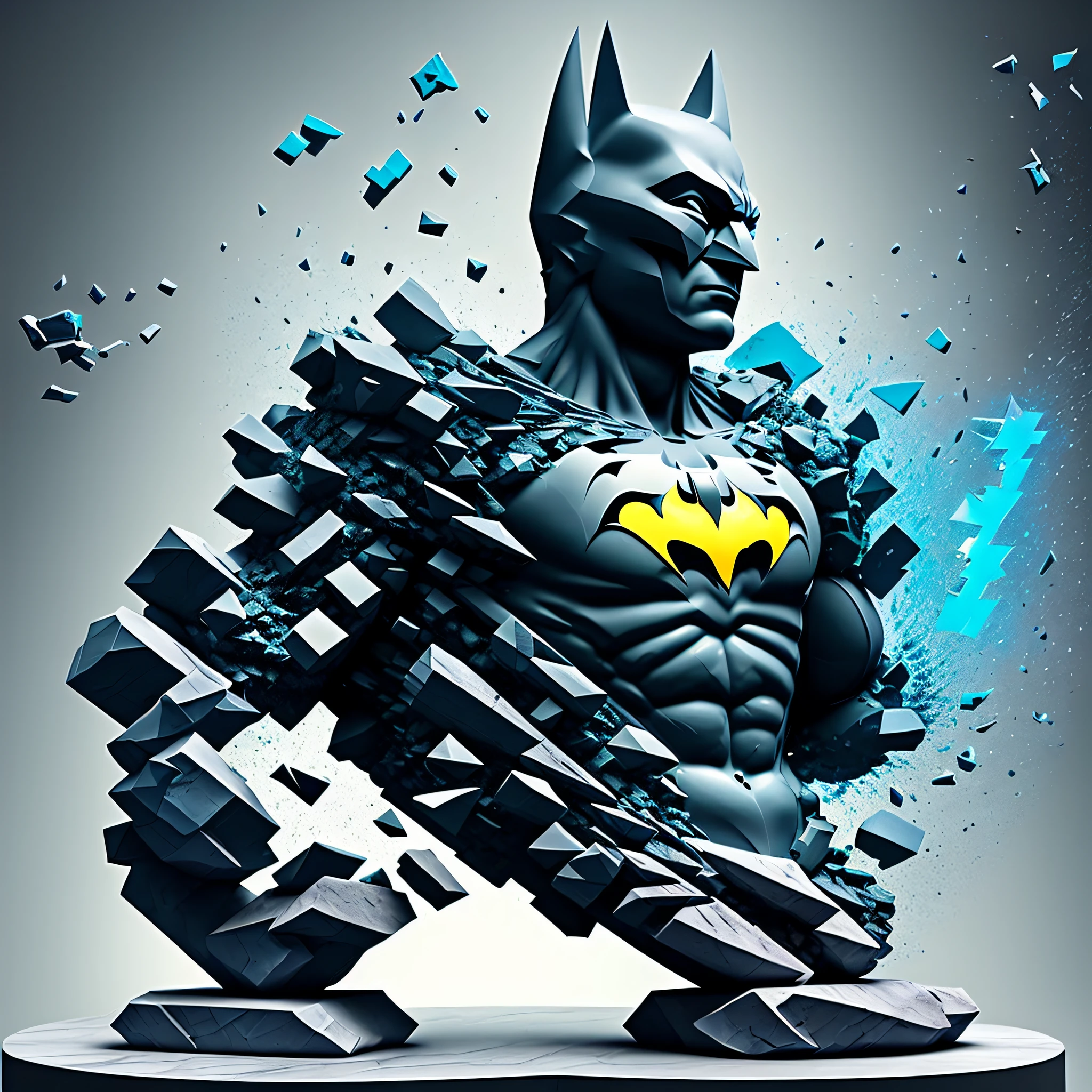 mdjrny-shttr, broken statue of batman made of (marble:1.1) with golden inlays with (blue lightnings:1.3) on background, floating stones from statue, hyper-realism, best quality hyper-realism, best quality