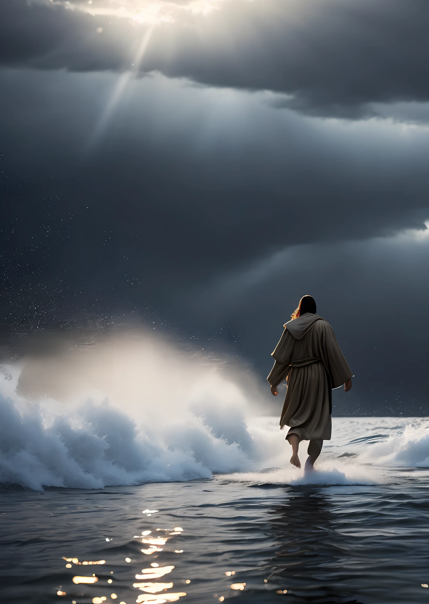 Jesus walking on water in a storm, gentle expression, streaks of light coming down from the sky, masterpiece, highest quality, high quality, highly detailed CG unit 8k wallpaper, award-winning photos, bokeh, depth of field, HDR, bloom, chromatic aberration, realistic, very detailed, trending at artstation, trending at CGsociety, complex, high detail, dramatic, mid-journey art, volumetric lighting