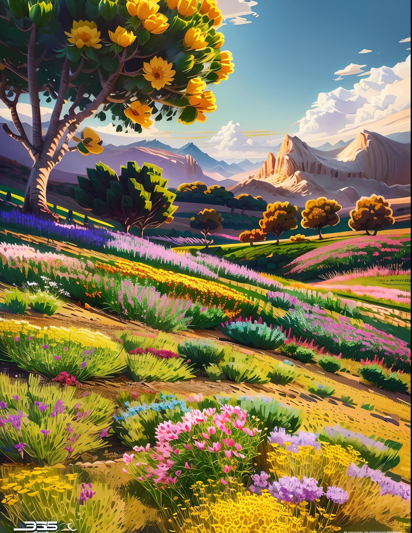 image of a sunny one-day landscape, just the landscape with flowers, flowery field, no people, no animals, vibrant childish, art style, cartoon, artistic, soft color palette, flowers of various kinds blown by the wind, brightness, magical photography, soft soft lighting, light background, realistic photo, super detailed, 4k, high resolution, super thin sharp, high quality, unique, beautiful colors, 3d rendered, --auto --s2