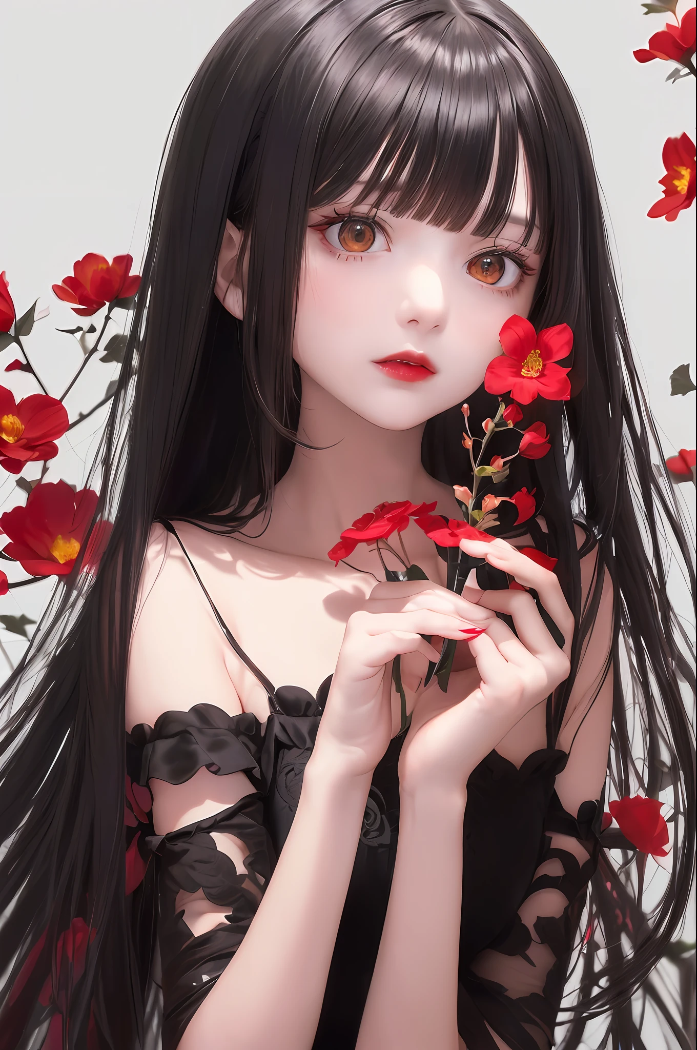 (very delicate and beautiful), higan flower, (red flower on background) grotesque, scary, long bangs, (very delicate and beautiful), (hidden by bangs and eyes invisible) (simple clothes), (dark) (upper body) (red lipstick), (dynamic angle, portrait), (black hair), (black camisole), (simple clothes) beautiful face, white skin, depth of field, glowing lips, bright colors, ( (Fingers visible) (expressionless), (Higan flower in background) (Red manukia) (Hands on face) (Red flowers on black background))))