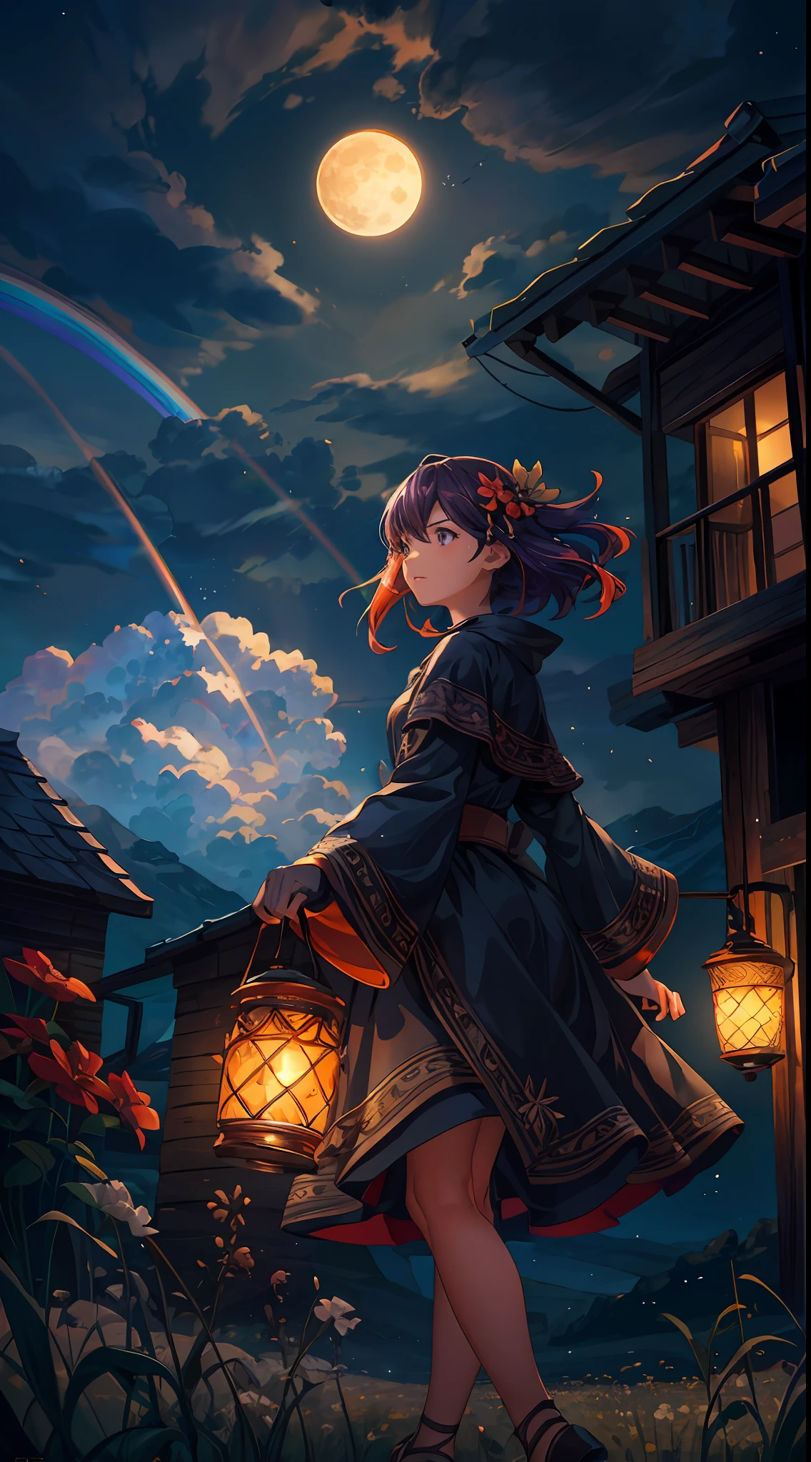 A wide landscape photo, (viewed from below, the sky is above, and the open field is below), a girl standing on a flower field looking up, (full moon: 1.2), (meteor: 0.9), (nebula: 1.3), distant mountains , Trees BREAK Crafting Art, (Warm Light: 1.2), (Firefly: 1.2), Lights, Lots of Purple and Orange, Intricate Details, Volumetric Lighting BREAK (Masterpiece: 1.2), (Best Quality), 4k, Ultra Detailed, (Dynamic Composition: 1.4), Rich in Detail and Color, (Rainbow Color: 1.2), (Glow, Atmospheric Lighting), Dreamy, Magical, (Solo: 1.2)