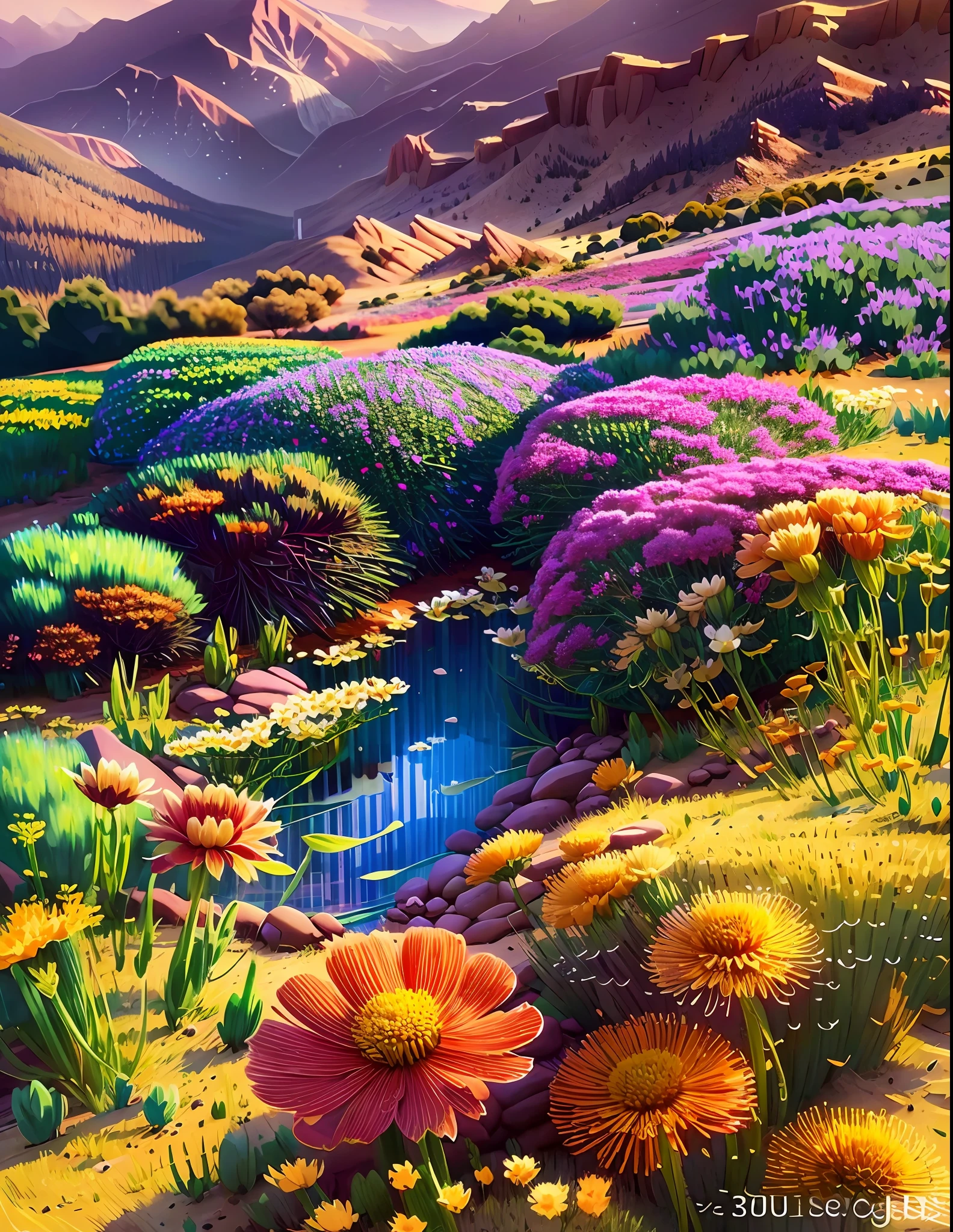 image of a sunny one-day landscape, just the landscape with flowers, flowery field, no people, no animals, vibrant childish, art style, cartoon, artistic, soft color palette, flowers of various kinds blown by the wind, brightness, magical photography, soft soft lighting, light background, realistic photo, super detailed, 4k, high resolution, super thin sharp, high quality, unique, beautiful colors, 3d rendered, --auto --s2