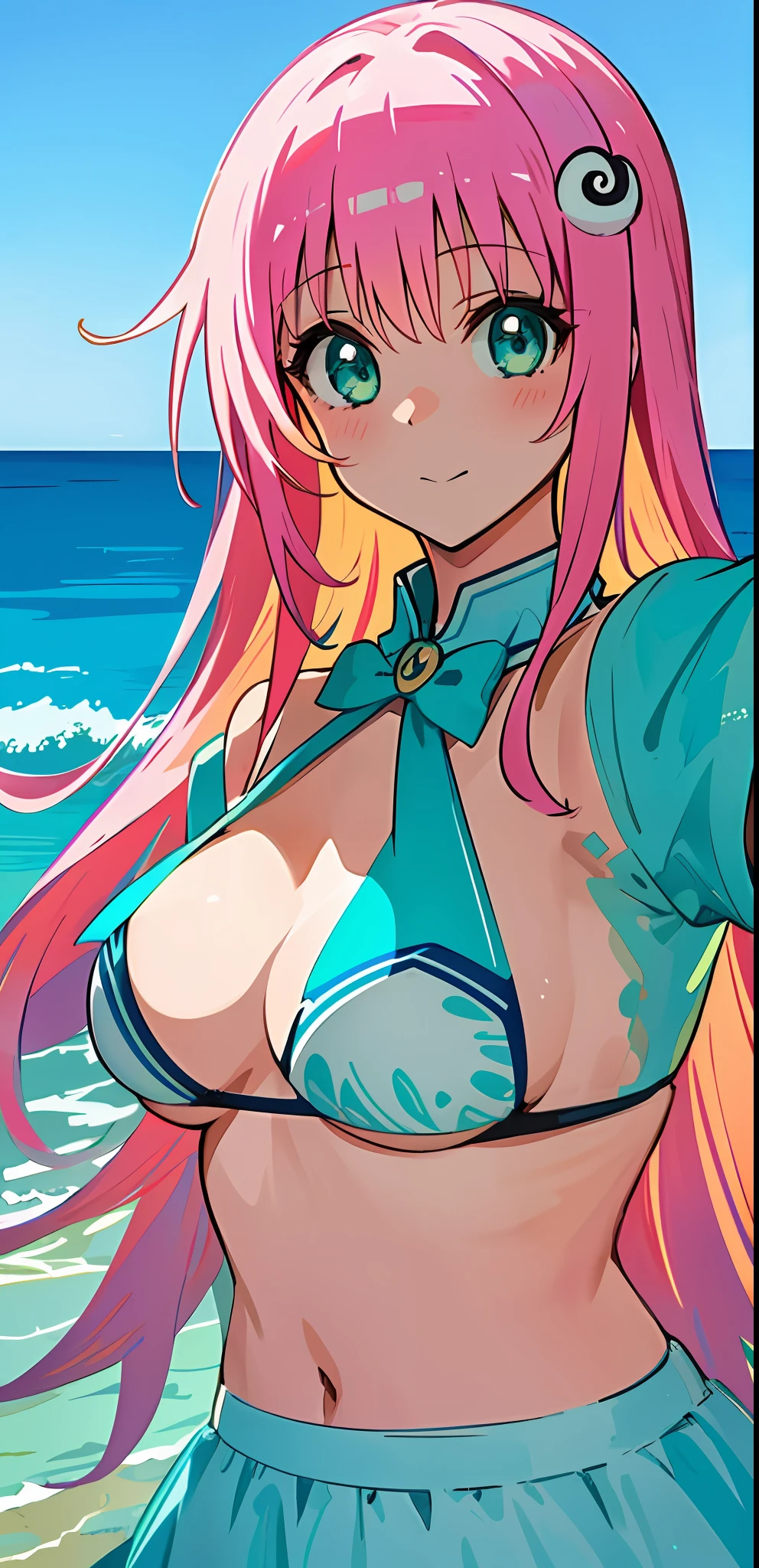 masterpiece, best quality, ultra-detailed, illustration, 1girl, (upper body:1.4), (looking at viewer:1.4), bikini, beautiful detailed eyes, beautiful detailed glow, lots of glow, seascape, beach, sand, lala satalin deviluke, selfie, green eyes, hair pin