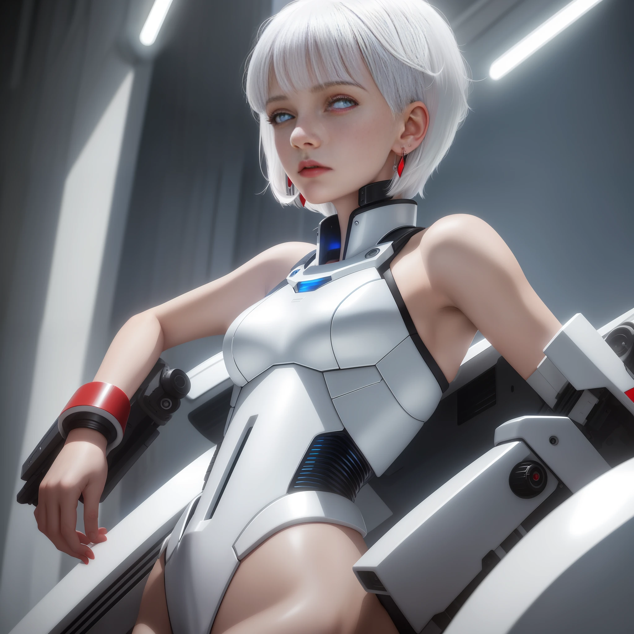 1 girl, solo, white hair, earrings, jewelry, blue eyes, short hair, (red background: 1.2), looking at the audience, upper body, from the side, bangs, simple background, lips, breasts, realistic, bare shoulders, futuristic, mecha elements, (best quality, 8k, masterpiece: 1.3))),