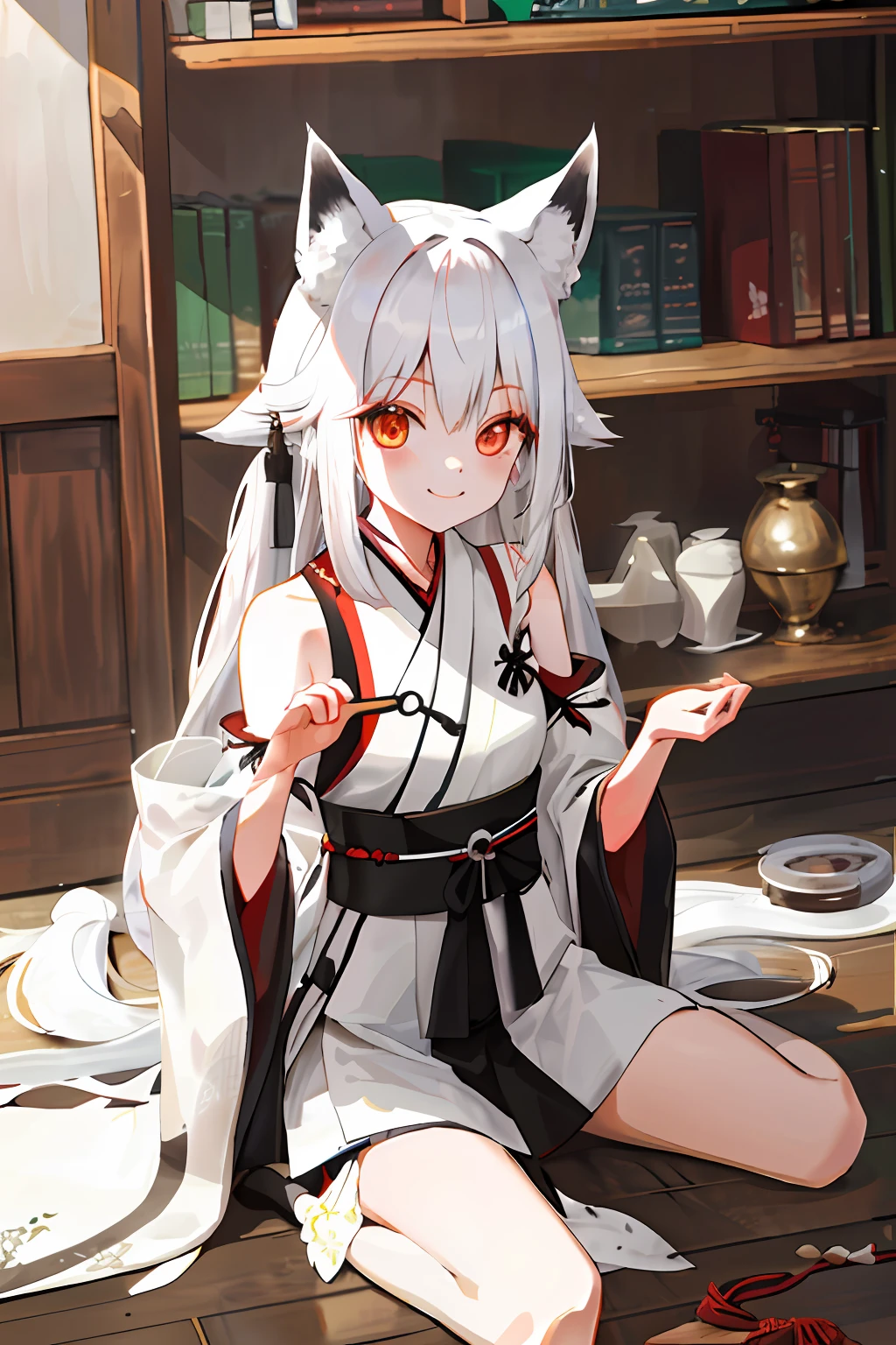 1girl, solo, silver hair, fluffy hair, bangs, red eyes, fox girl, fox ears, fox tail, multiple tails, red kimono, black kimomo, japanese clothes, checkered sash, neck ribbon, face markings, makeup, wariza, japanese shrine, looking at viewer, smile