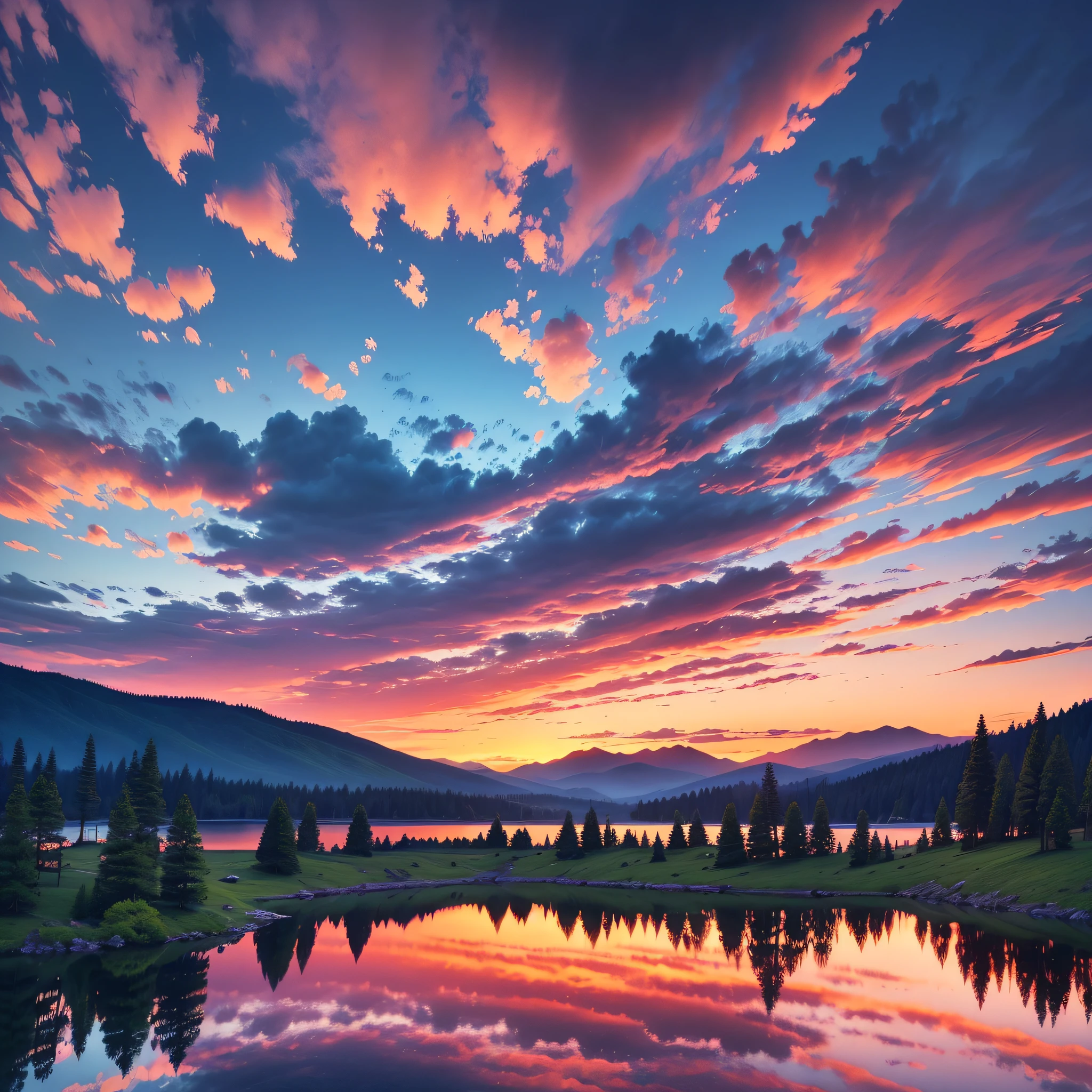 there is a beautiful sunset with a lake and trees in the background, colorful skies, surreal colors, colorful sunset, colorful sky, marvellous reflection of the sky, stunning sky, dream like atmosphere 8k, colorful clouds, colors reflecting on lake, surreal sky, red and blue reflections, fire reflection, beautiful sky, beautiful and spectacular dusk, beautiful dreamy landscape, amazing sky --auto --s2