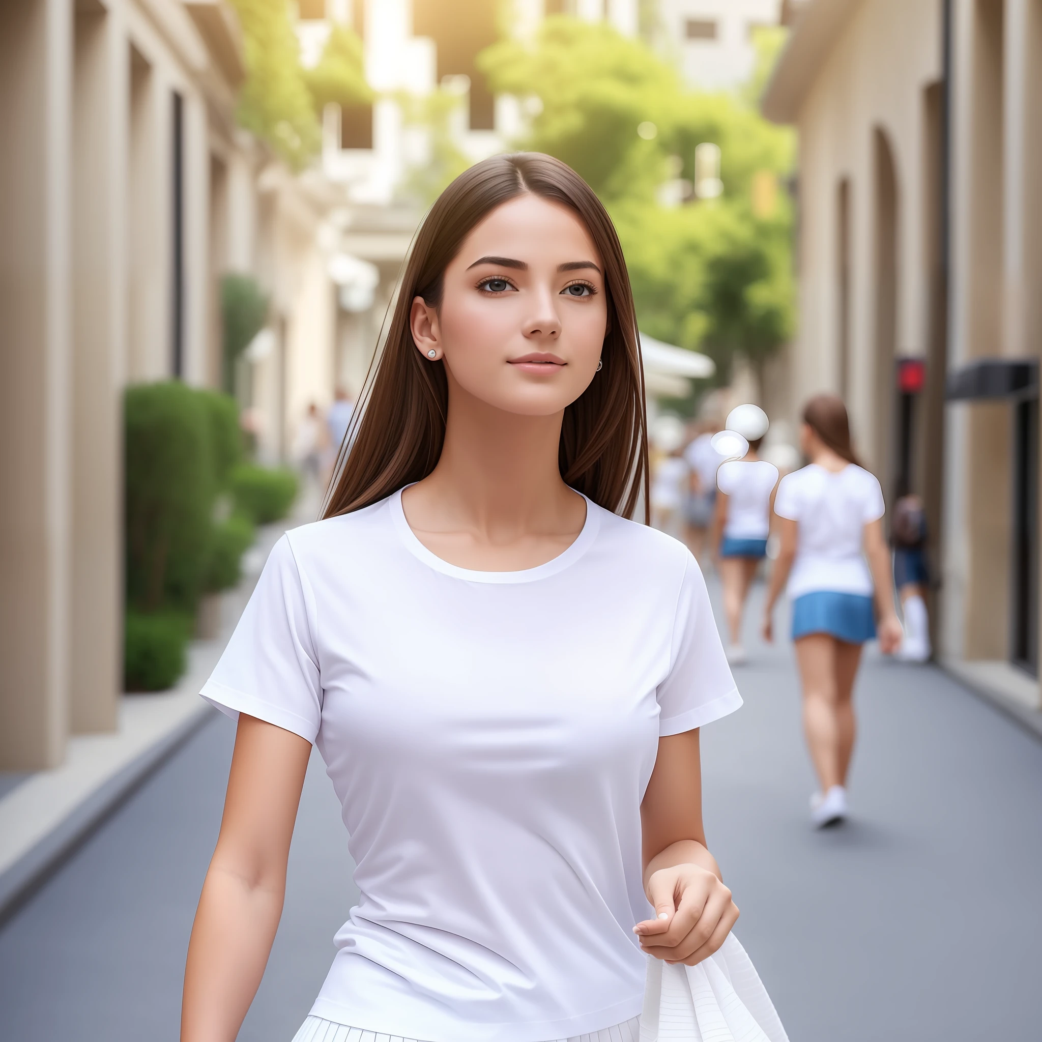 High Detail, Top Quality, Ultra High Resolution,4K, Woman in white t-shirt and white skirt strolling happily and leisurely around town --auto --s2