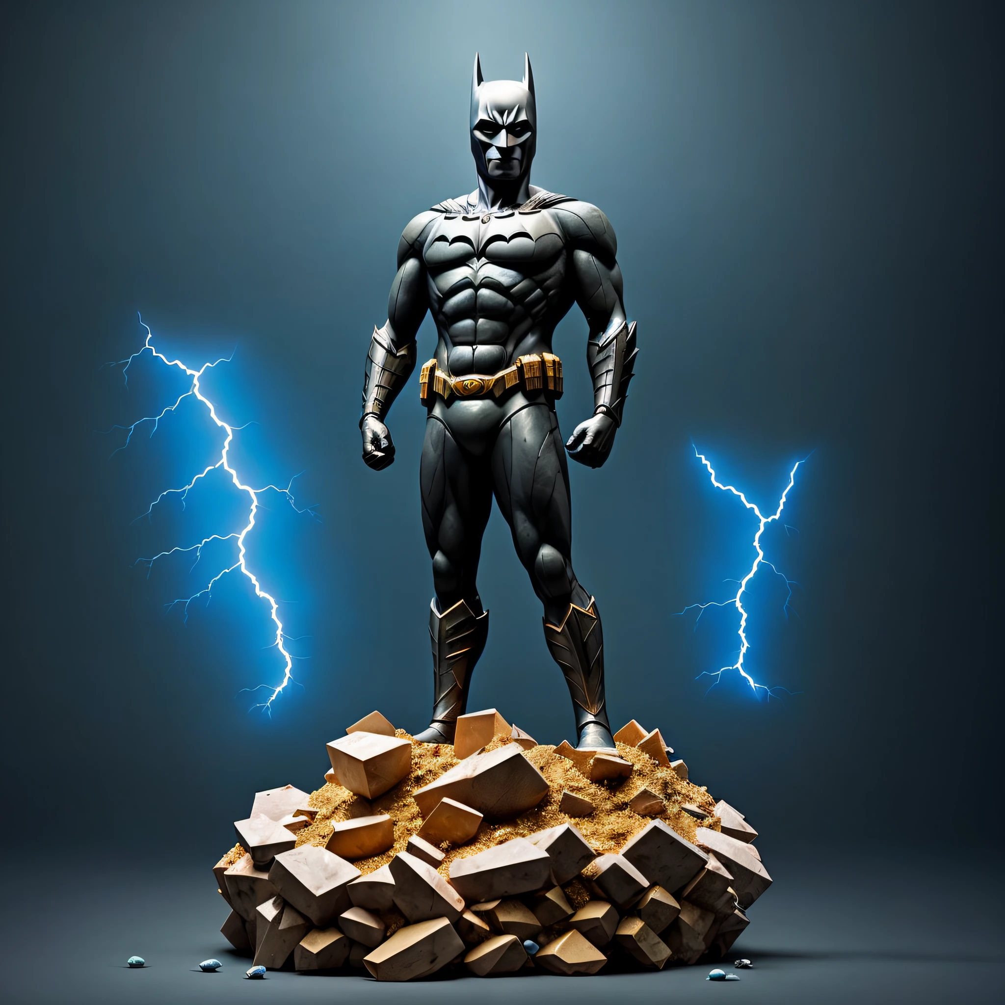 mdjrny-shttr, broken statue of batman made of (marble:1.1) with golden inlays with (blue lightnings:1.3) on background, floating stones from statue, hyper-realism, best quality hyper-realism, best quality