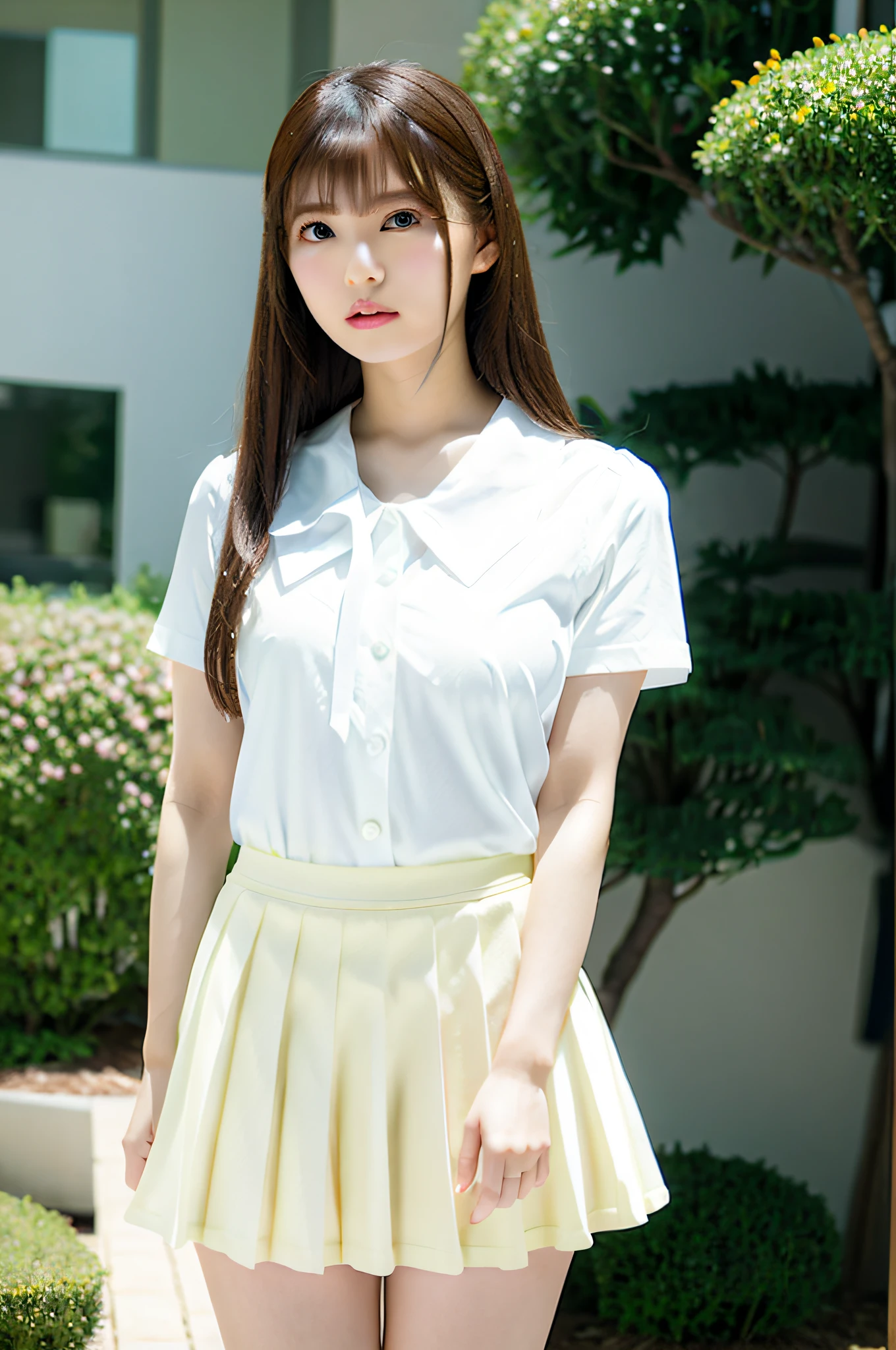 (ulzzang-6500-v1.1:0.8), Best Quality, Ultra High Definition, (Photorealistic:1.4), Cinema Light, Depth of Field,Beautiful Face, (PureErosFace_V1:0.3), Very Delicate and Beautiful, Highly Detailed,Unity,8k Wallpaper, Amazing, Fine Detail, Masterpiece,Best Quality, Best Quality, 1girl, Beautiful Detailed Girl, Highly detailed eyes and face, Beautiful detailed eyes,(Small hips:1.3),(Small breasts:0.3),((Shirt with white collar)),((White skirt))、((Flared skirt))、((Delicate shirt)),((Yuki Kashiwagi:0.8),((Akari Suda:0.5))), Idol, Beauty, 25 years old