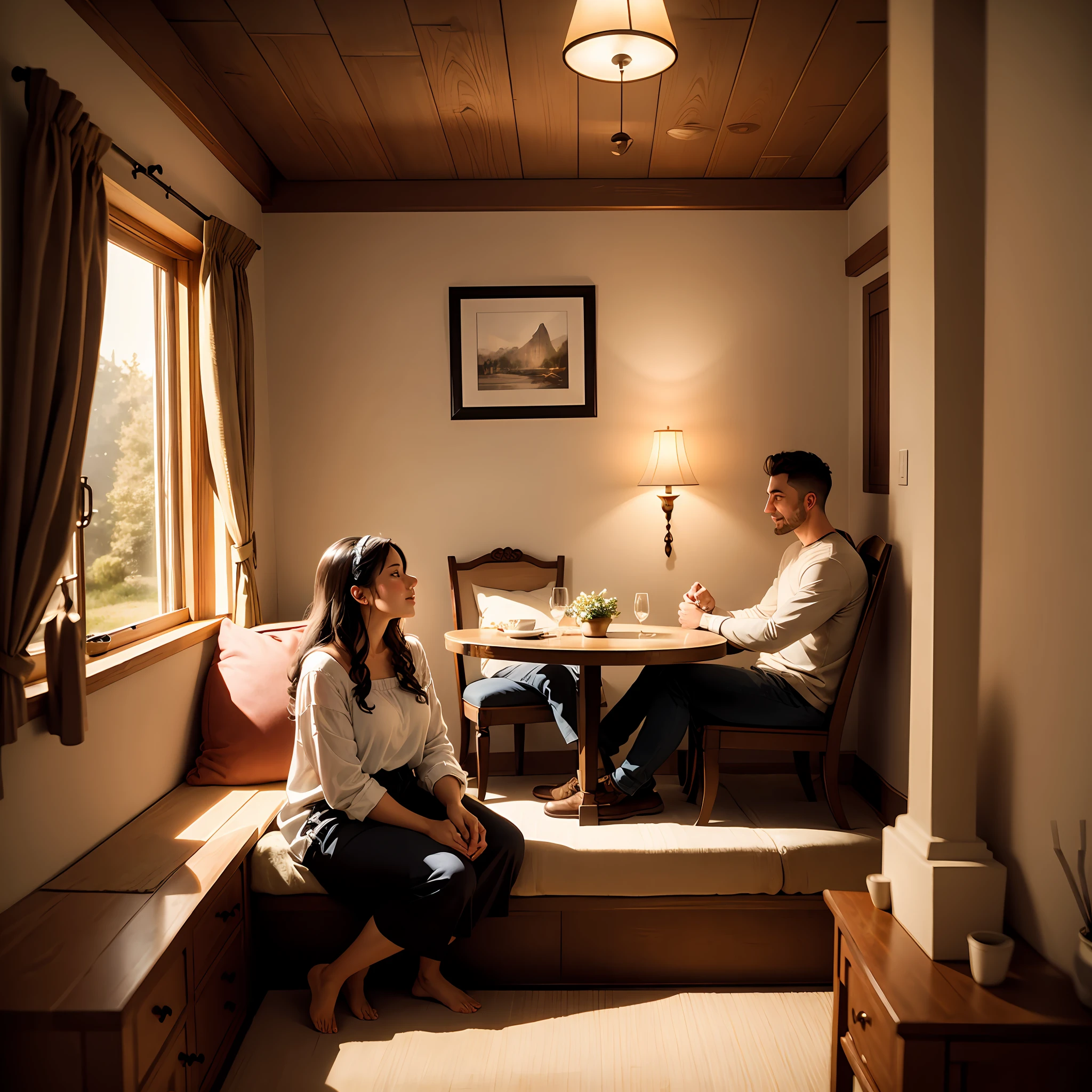 A couple in a cozy and relaxed room in an inn, enjoying moments of relaxation together as soothing emotions flow through the air.