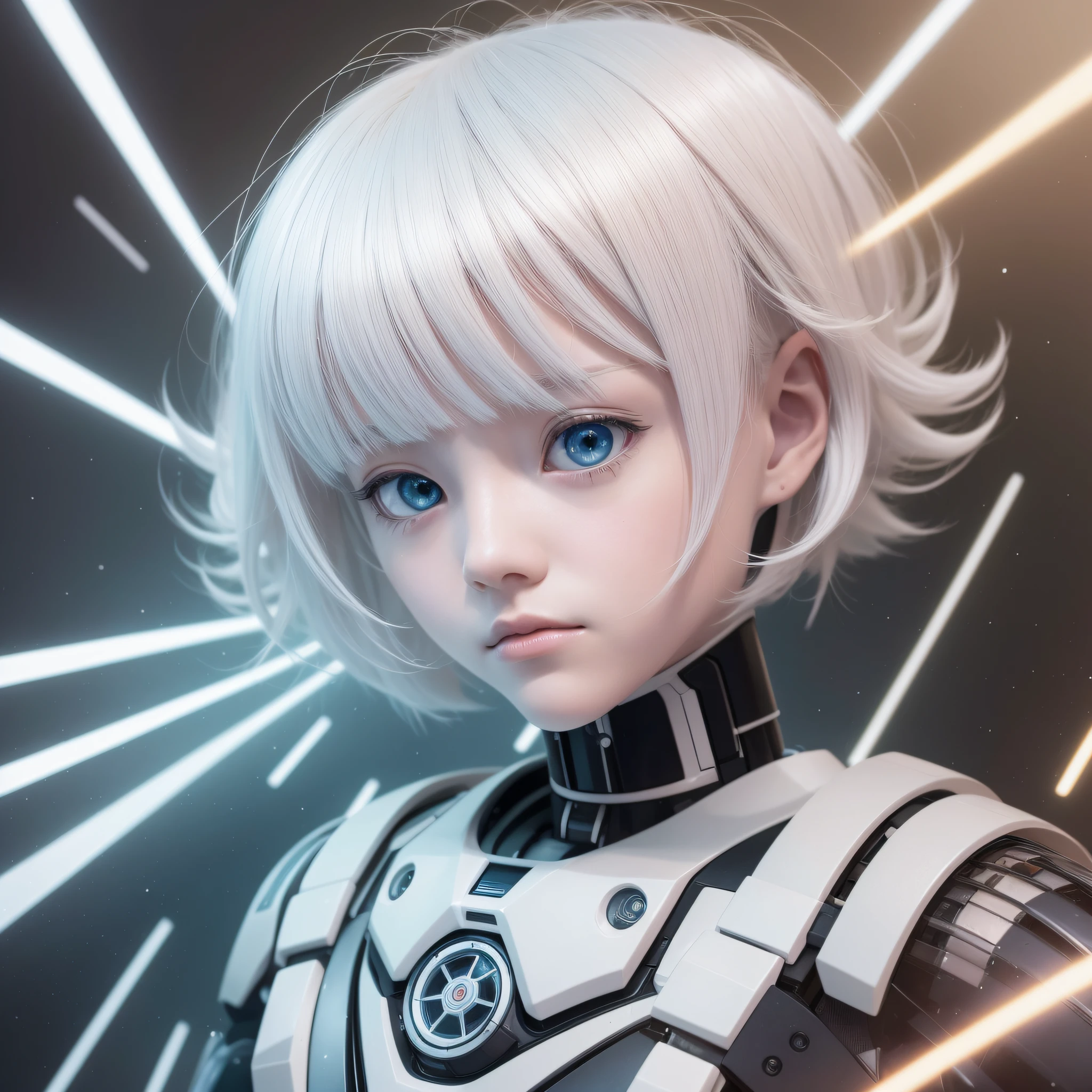 Robot albino, androide, pelo corto, juvenil shonen, manga, robot albino, androide, pelo corto, juvenil shonen, manga, white hair, expressive hair, shiny hair, yellow eyes, diamond-shaped pupils, serious, anime, Op art, Ghibli-like colours, Conceptual art, Futurism, modern, high detail, god rays, speed lines, framed, isometric, dutch angle --auto --s2