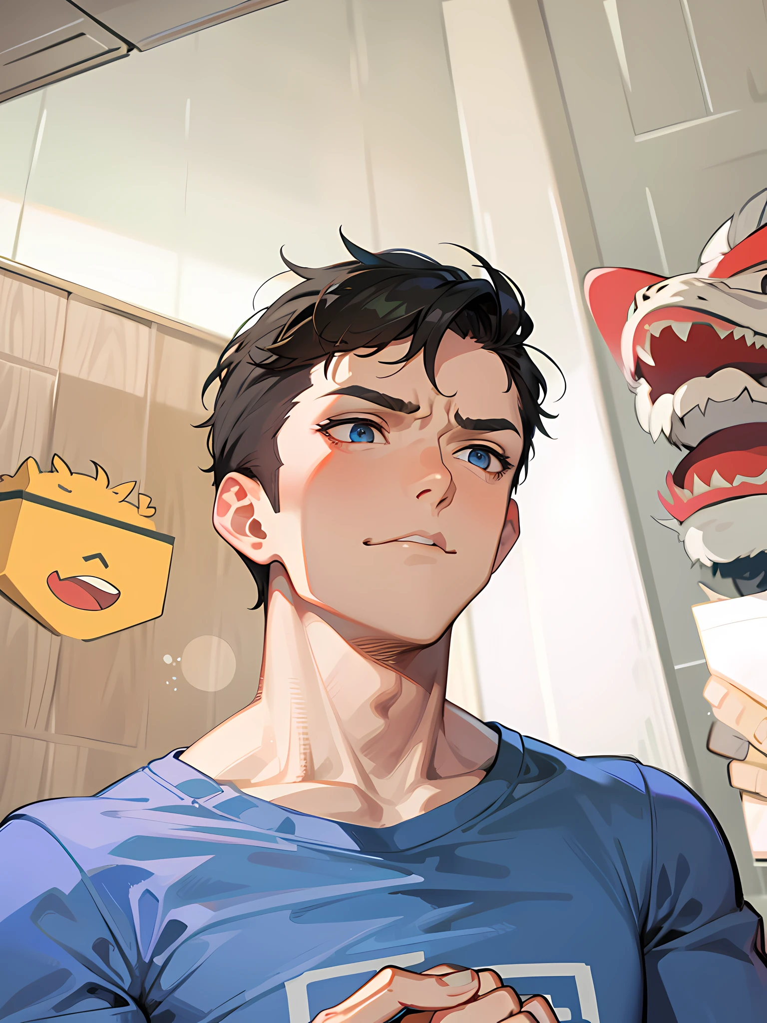 A boy with disdainful eyes, funny expressions, strong chest muscles