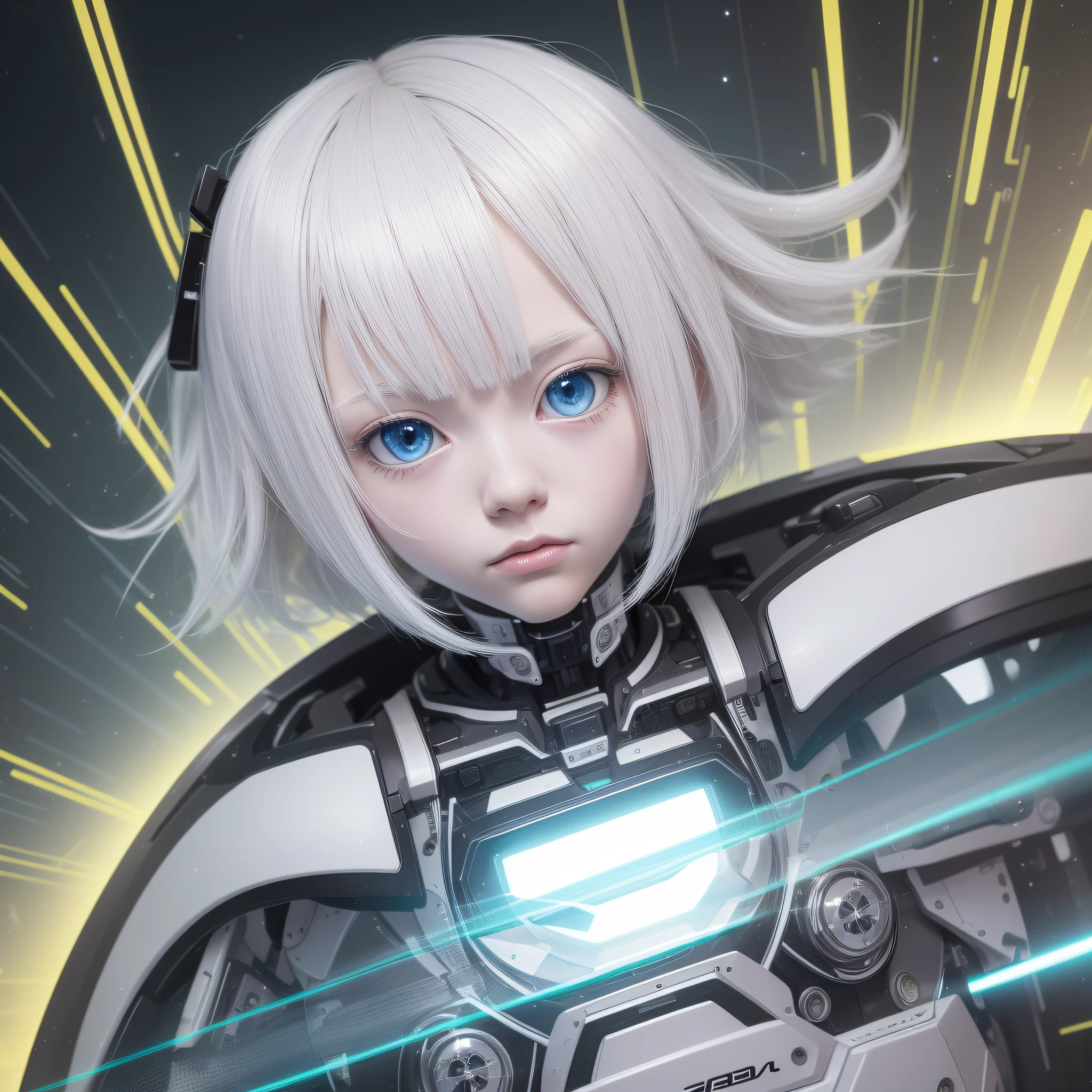 Robot albino, androide, pelo corto, juvenil shonen, manga, robot albino, androide, pelo corto, juvenil shonen, manga, white hair, expressive hair, shiny hair, yellow eyes, diamond-shaped pupils, serious, anime, Op art, Ghibli-like colours, Conceptual art, Futurism, modern, high detail, god rays, speed lines, framed, isometric, dutch angle --auto --s2