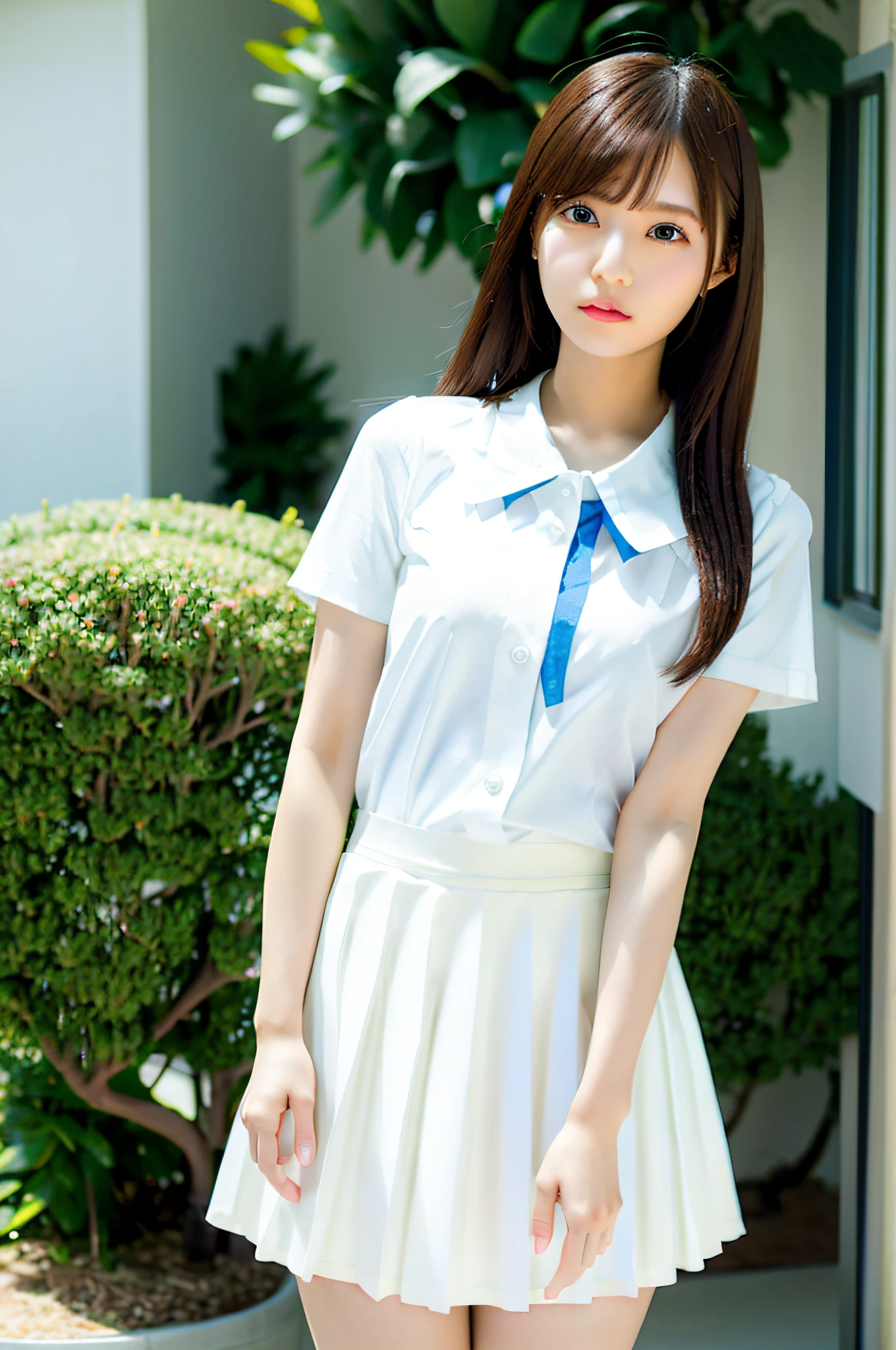 (ulzzang-6500-v1.1:0.8), Best Quality, Ultra High Definition, (Photorealistic:1.4), Cinema Light, Depth of Field,Beautiful Face, (PureErosFace_V1:0.3), Very Delicate and Beautiful, Highly Detailed,Unity,8k Wallpaper, Amazing, Fine Detail, Masterpiece,Best Quality, Best Quality, 1girl, Beautiful Detailed Girl, Highly detailed eyes and face, Beautiful detailed eyes,(Small hips:1.3),(Small breasts:0.3),((Shirt with white collar)),((White skirt))、((Flared skirt))、((Delicate shirt)),((Yuki Kashiwagi:0.8),((Akari Suda:0.5))), Idol, Beauty, 25 years old