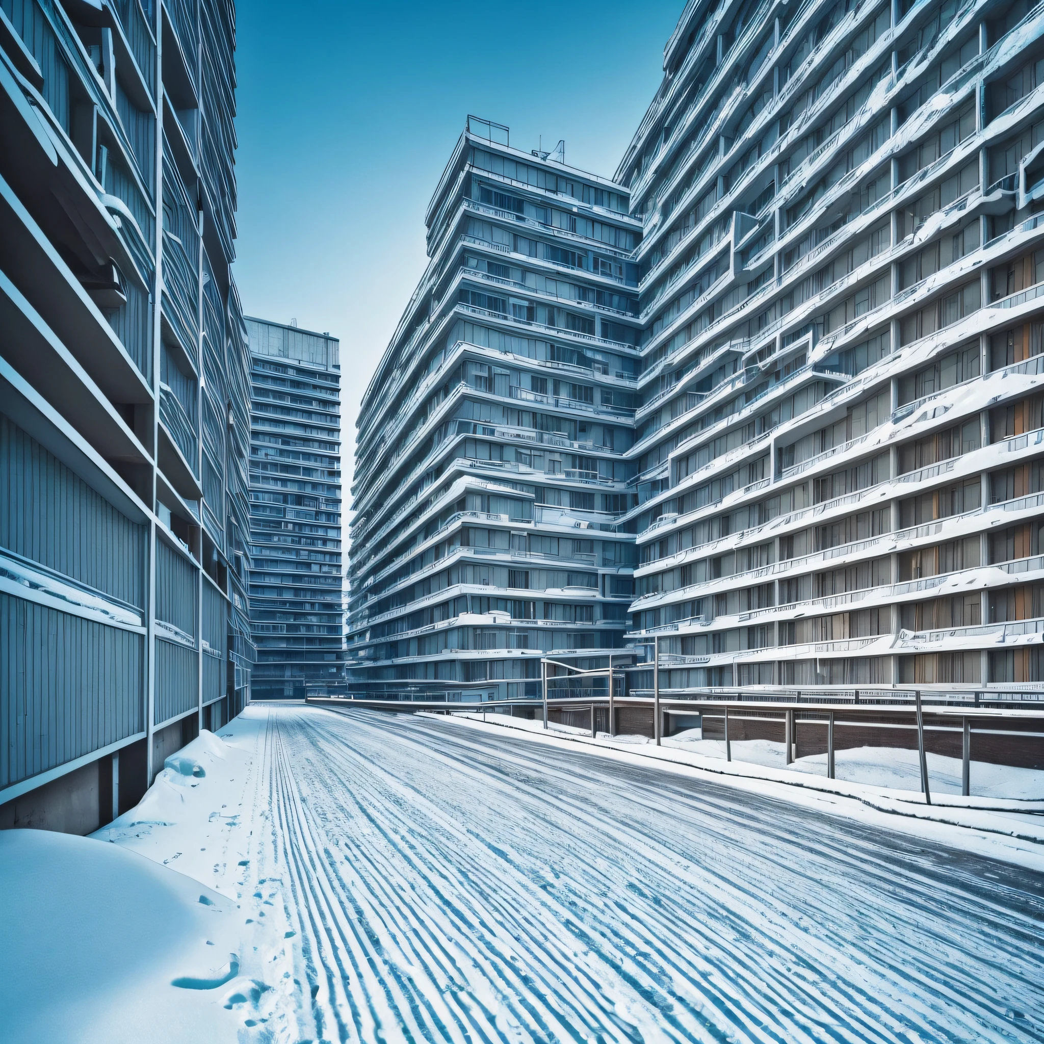 City with lots of snow, brutalist style, Soviet, 1960, brutalism, brutalist buildings, Art Deco, Conceptual art, interior architecture, anime, Minimalism, Cubist Futurism, Hyperrealism, chromatic aberration, Fujicolor, residual image, projected box, perspective, atmospheric perspective --auto --s2