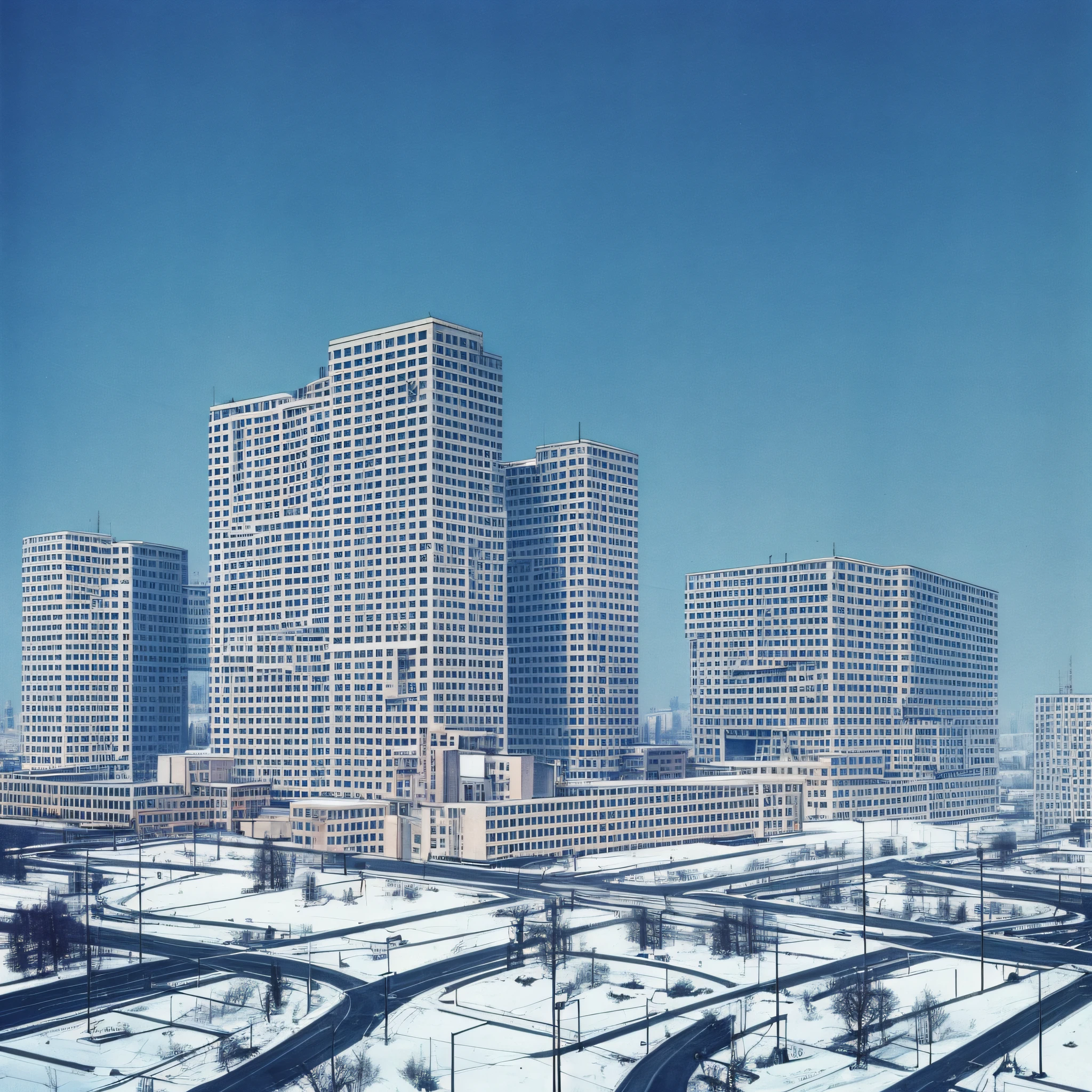 City with lots of snow, brutalist style, Soviet, 1960, brutalism, brutalist buildings, Art Deco, Conceptual art, interior architecture, anime, Minimalism, Cubist Futurism, Hyperrealism, chromatic aberration, Fujicolor, residual image, projected box, perspective, atmospheric perspective --auto --s2