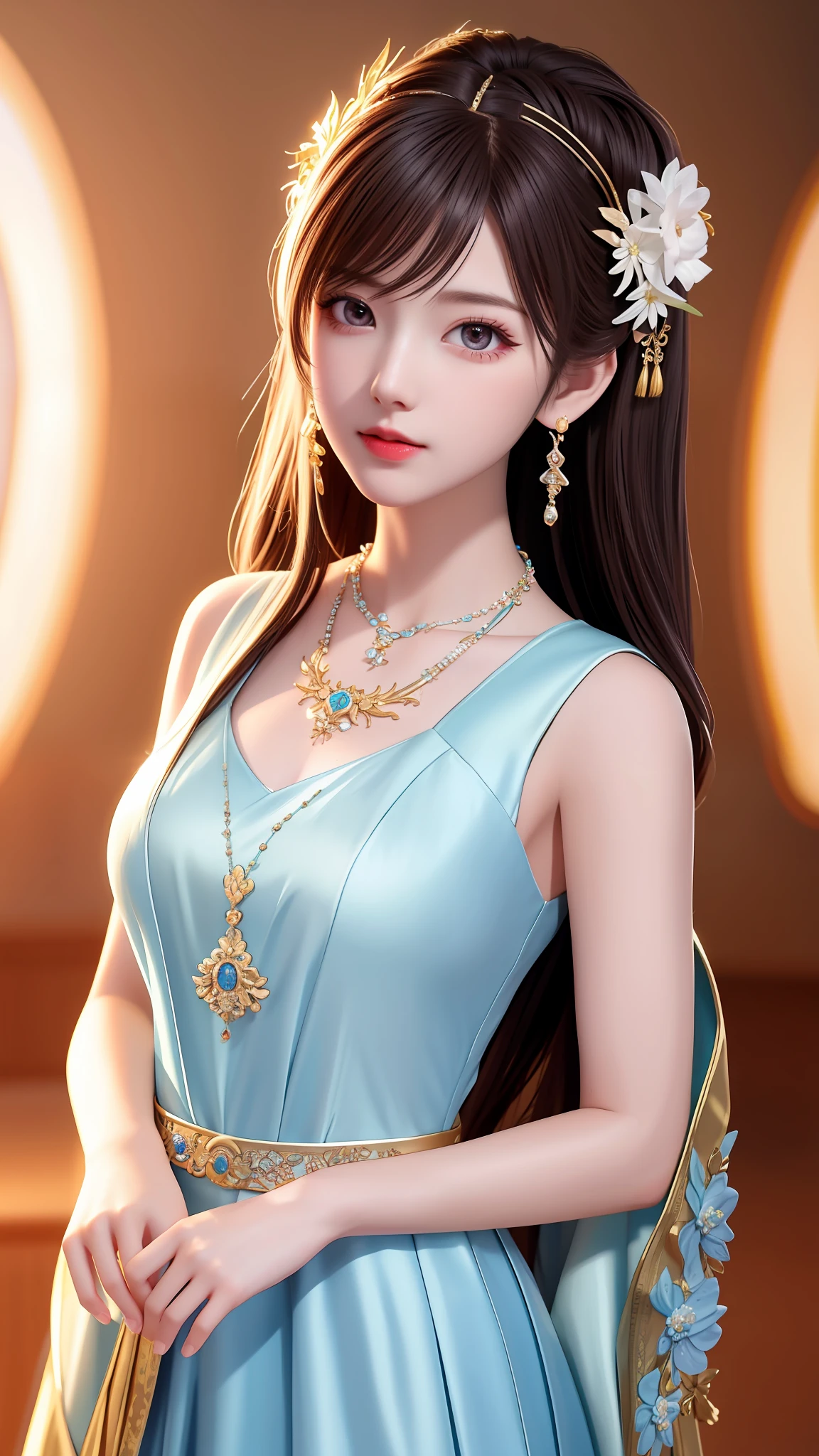 Best Quality, Masterpiece, High Resolution, 1girl, Porcelain Dress, Hair Accessories, Necklace, Jewelry, Pretty Face, On Body, Tyndall Effect, Realistic, Shadow Studio, Rim Lighting, Dual Tone Lighting, (High Detail Skins: 1.2), 8k UHD, dslr, soft light, high quality, volume light, sneak shot, photo, high resolution, 4k, 8k, background blur,