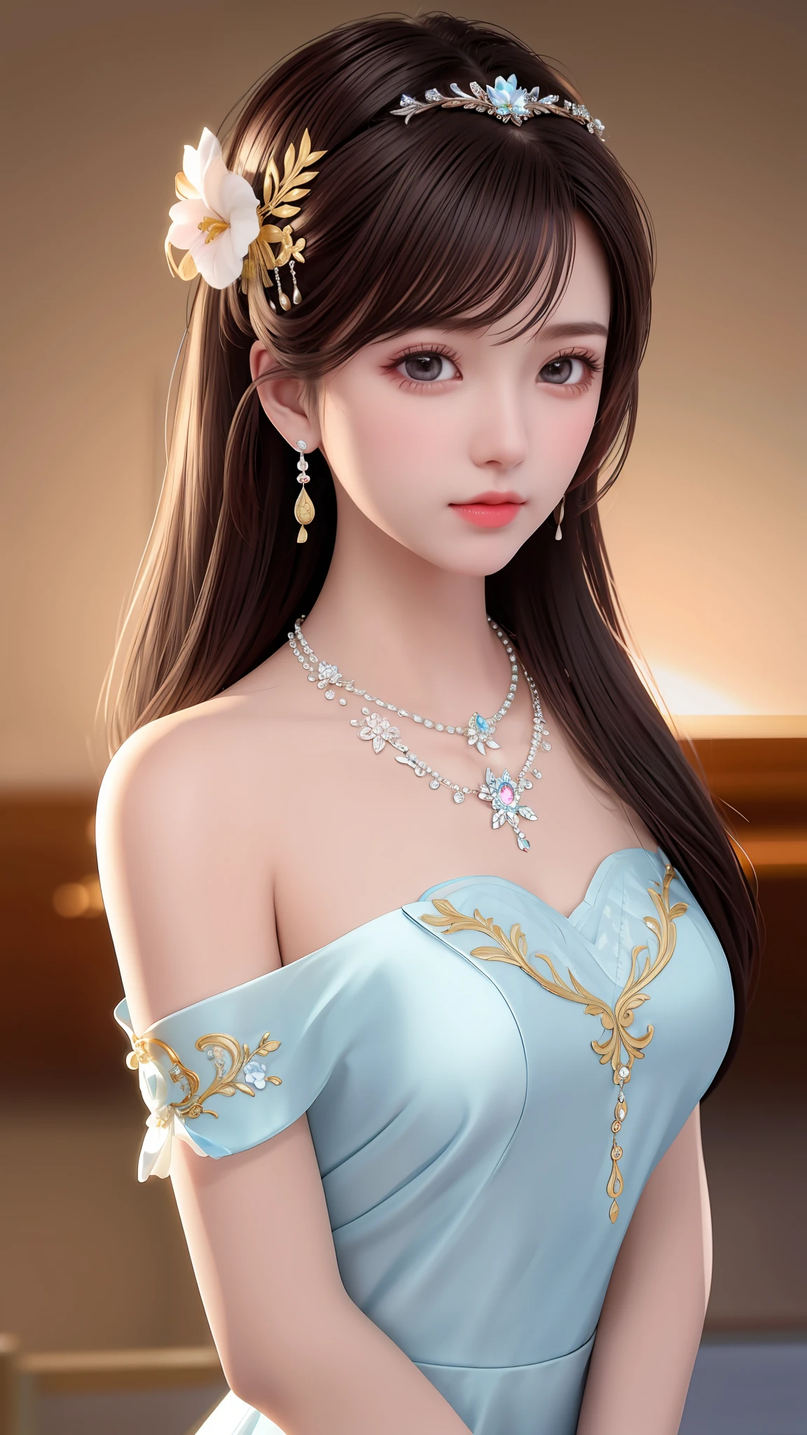 Best Quality, Masterpiece, High Resolution, 1girl, Porcelain Dress, Hair Accessories, Necklace, Jewelry, Pretty Face, On Body, Tyndall Effect, Realistic, Shadow Studio, Rim Lighting, Dual Tone Lighting, (High Detail Skins: 1.2), 8k UHD, dslr, soft light, high quality, volume light, sneak shot, photo, high resolution, 4k, 8k, background blur,