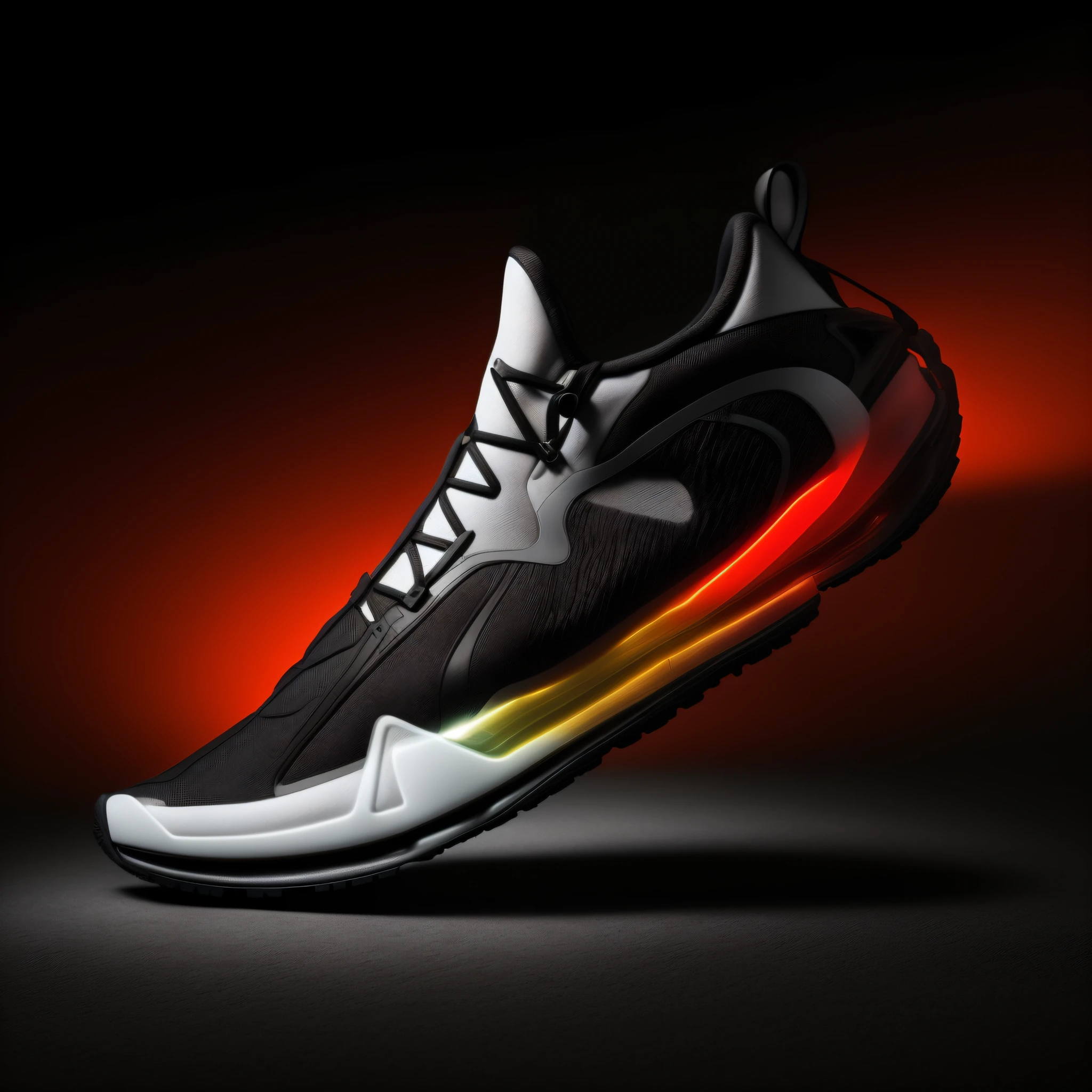 Close-up of a pair of sneakers with red light, futuristic sneakers, running shoes, inflatable futurized futuristic shoes, futuristic Balenciaga sneakers, Alexander Kosis, y 3, y3, melt, f/2 0, inspired by Robert Zund, inspired by Nōami, fog bionic fashion, flex, vanta Black, amazing interpretation of sneakers, advertising, highly detailed and complex, ultra maximized, gorgeous, film, CG society, chiaroscuro, close-up, Sony FE GM