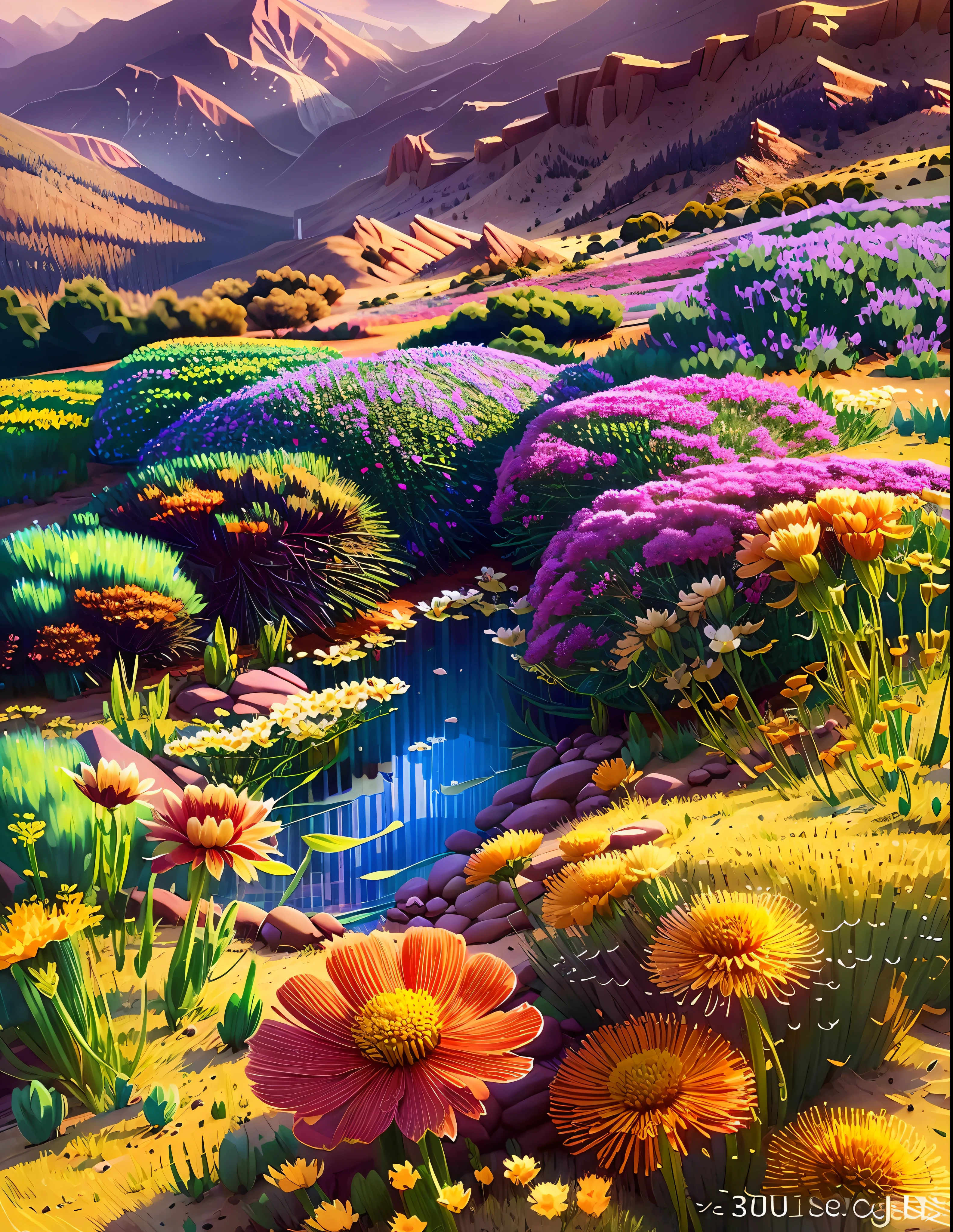 image of a sunny one-day landscape, just the landscape with flowers, flowery field, no people, no animals, vibrant childish, art style, cartoon, artistic, soft color palette, flowers of various kinds blown by the wind, brightness, magical photography, soft soft lighting, light background, realistic photo, super detailed, 4k, high resolution, super thin sharp, high quality, unique, beautiful colors, 3d rendered, --auto --s2