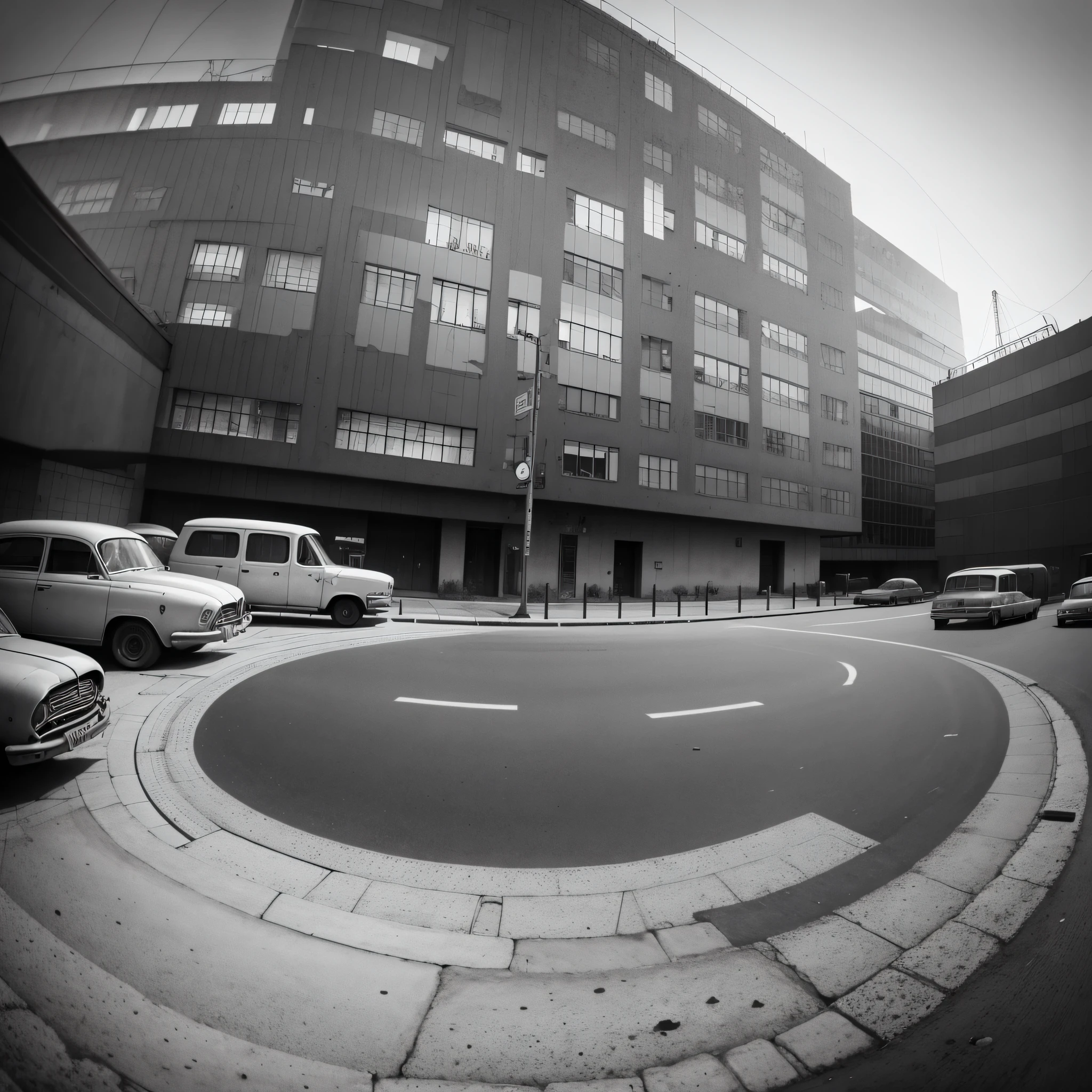 Ciudad con neblina, estilo brutalista, soviet, 1960, brutalismo, edificios altos, Art Deco, Conceptual art, interior architecture, anime, Minimalism, Cubist Futurism, Hyperrealism, chromatic aberration, Fujicolor, afterimage, projected inset, fisheye, Wide-Angle --auto --s2