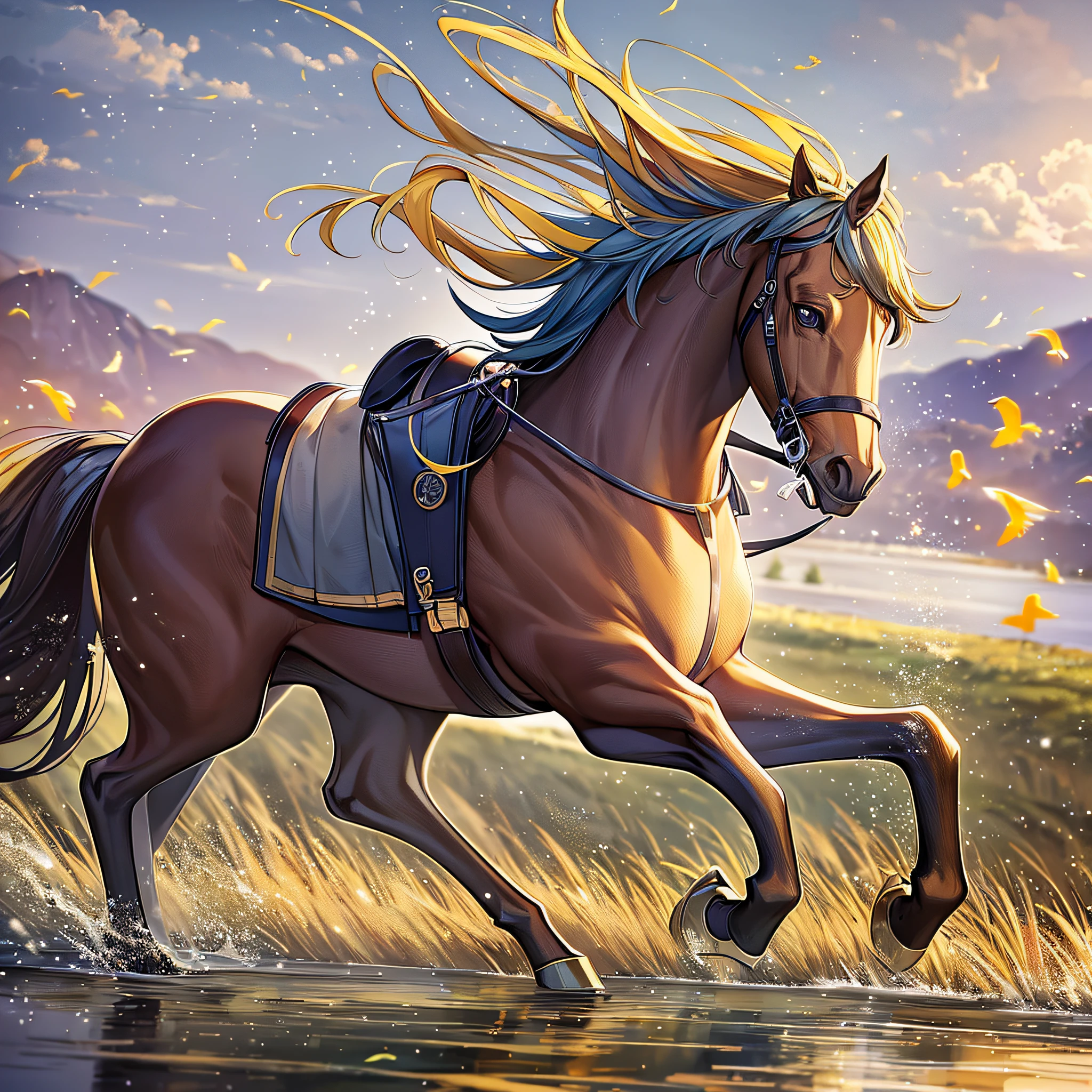Golden horse galloping in the meadows while raining, lake, birds flying, 4K high definition --auto --s2
