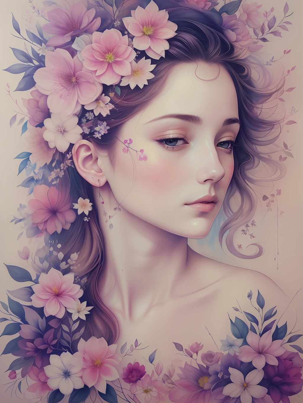 A botanical masterpiece in the style of Marco Mazzoni, detailed, hyper-realistic, elemets of symbolism and surrealism, a painting by mse a woman by agnes cecile, luminous design, pastel colours, ink drips, autumn lights, intricate design, intertwined, beautiful woman, flowers, pastel