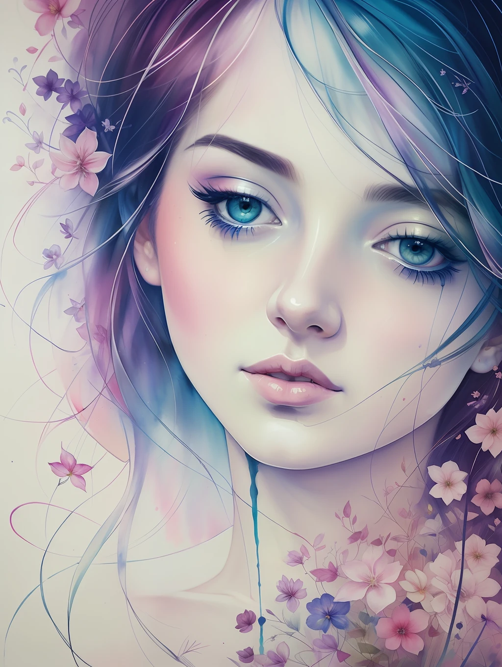 A botanical masterpiece in the style of Marco Mazzoni, detailed, hyper-realistic, elemets of symbolism and surrealism, a painting by mse a woman by agnes cecile, luminous design, pastel colours, ink drips, autumn lights, intricate design, intertwined, beautiful woman, flowers, pastel