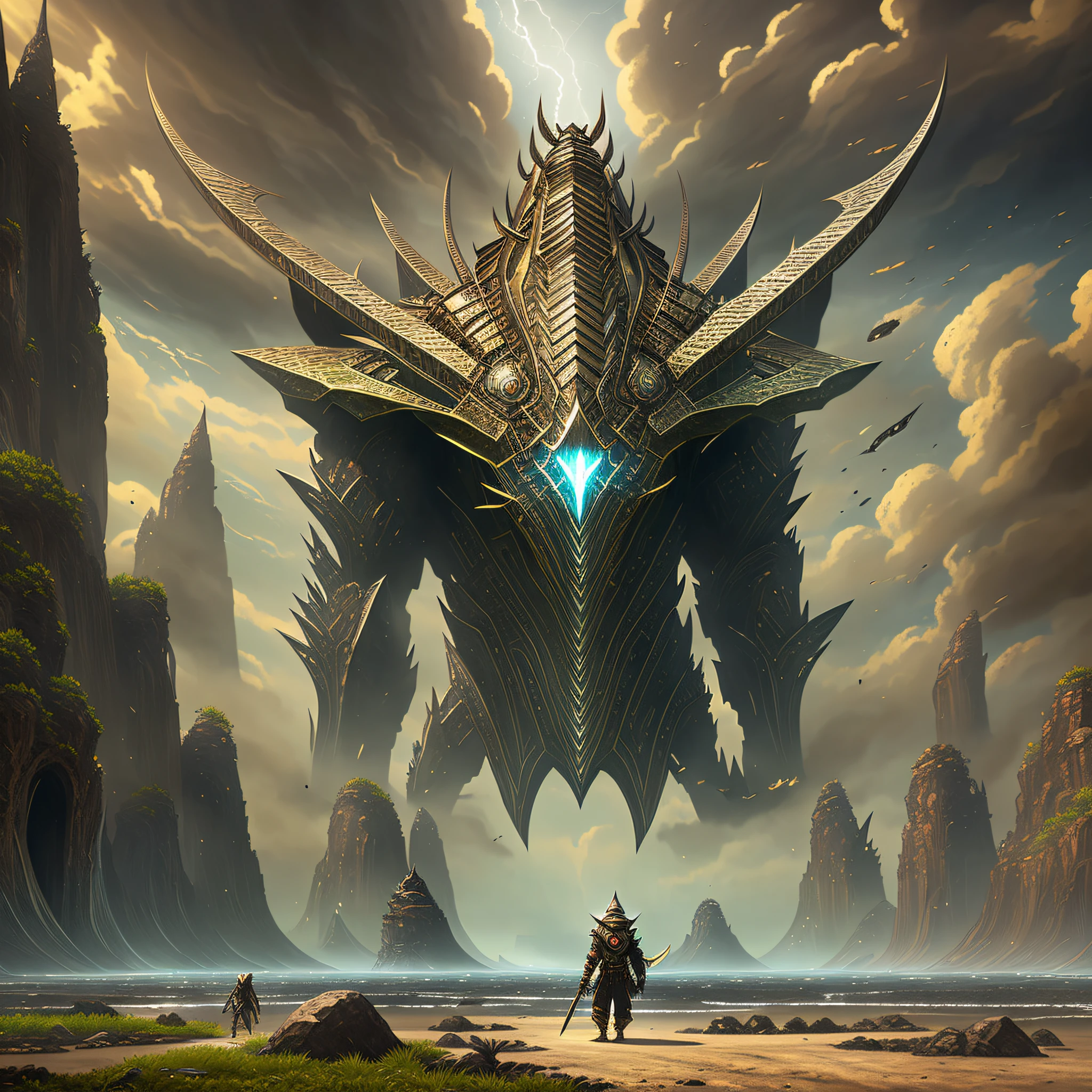 Giant insect-shaped monster on the horizon, epic fantasy digital art style, epic fantasy sci-fi illustration, epic fantasy illustration, epic fantasy art style, symmetrical epic fantasy art, HD epic fantasy art style, epic fantasy artwork, 4K fantasy art, ReV Animated model,  DPM++ 2M Karras --auto --s2