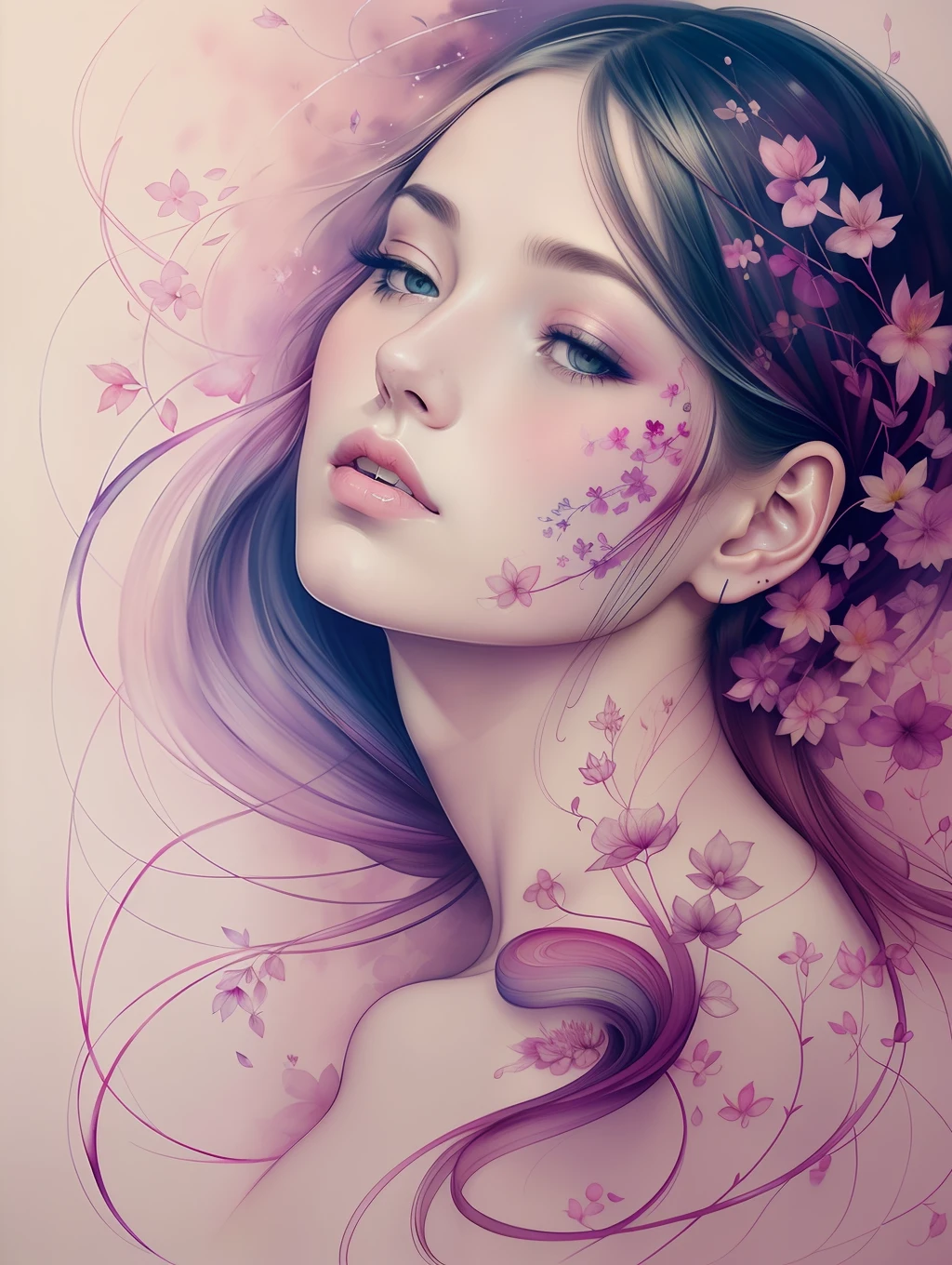 A botanical masterpiece in the style of Marco Mazzoni, detailed, hyper-realistic, elemets of symbolism and surrealism, a painting by mse a woman by agnes cecile, luminous design, pastel colours, ink drips, autumn lights, intricate design, intertwined, beautiful woman, flowers, pastel