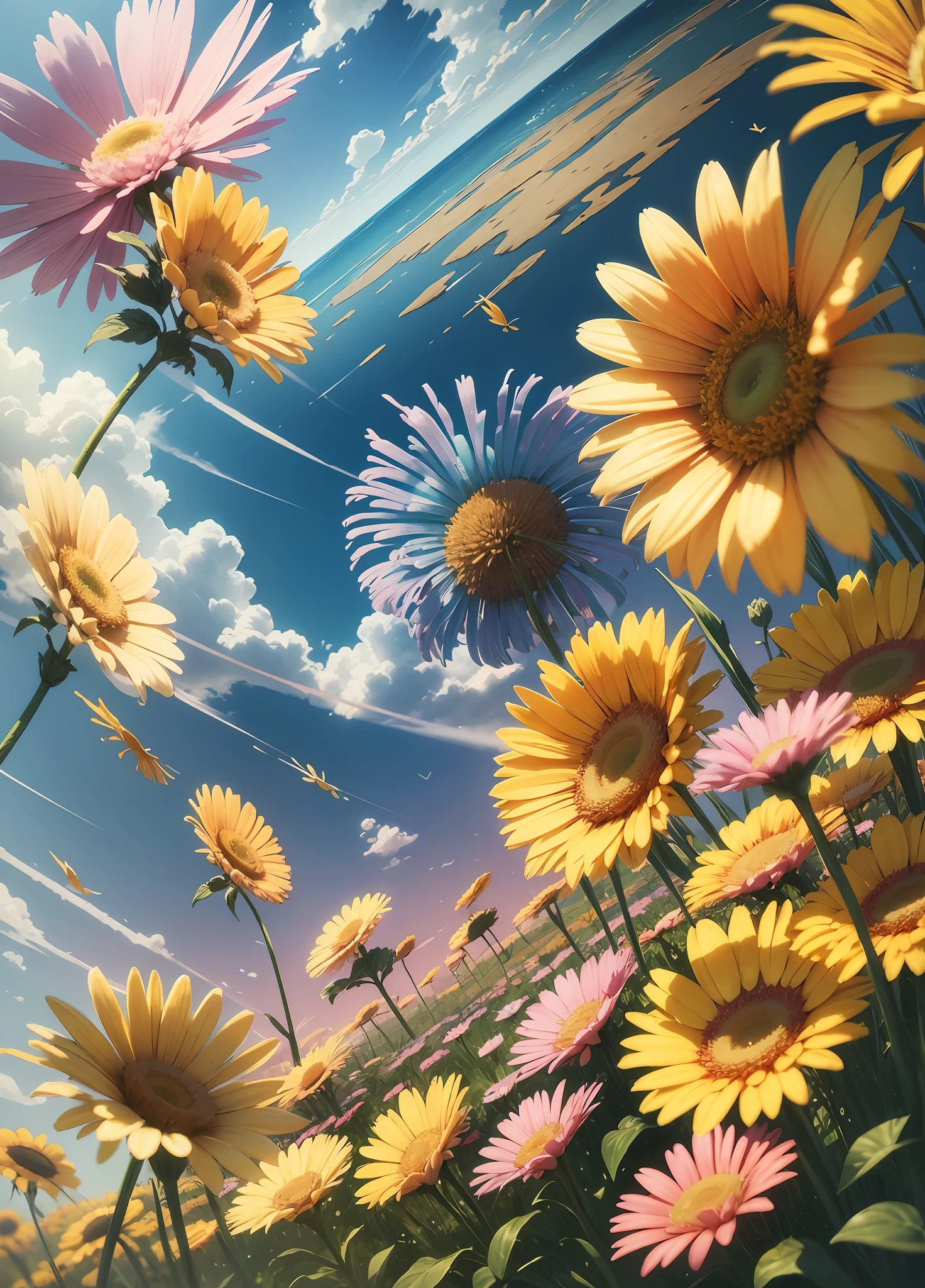 image of a sunny dayscape, vibrant children's, art style, cartoon, artistic, soft color palette, flowers of various types blown by the wind, brightness, magical photography, soft soft lighting, light background, realistic photo, super detailed, 4k, high resolution, super thin sharp, high quality, unique, beautiful colors, rendered 3d, --auto --s2