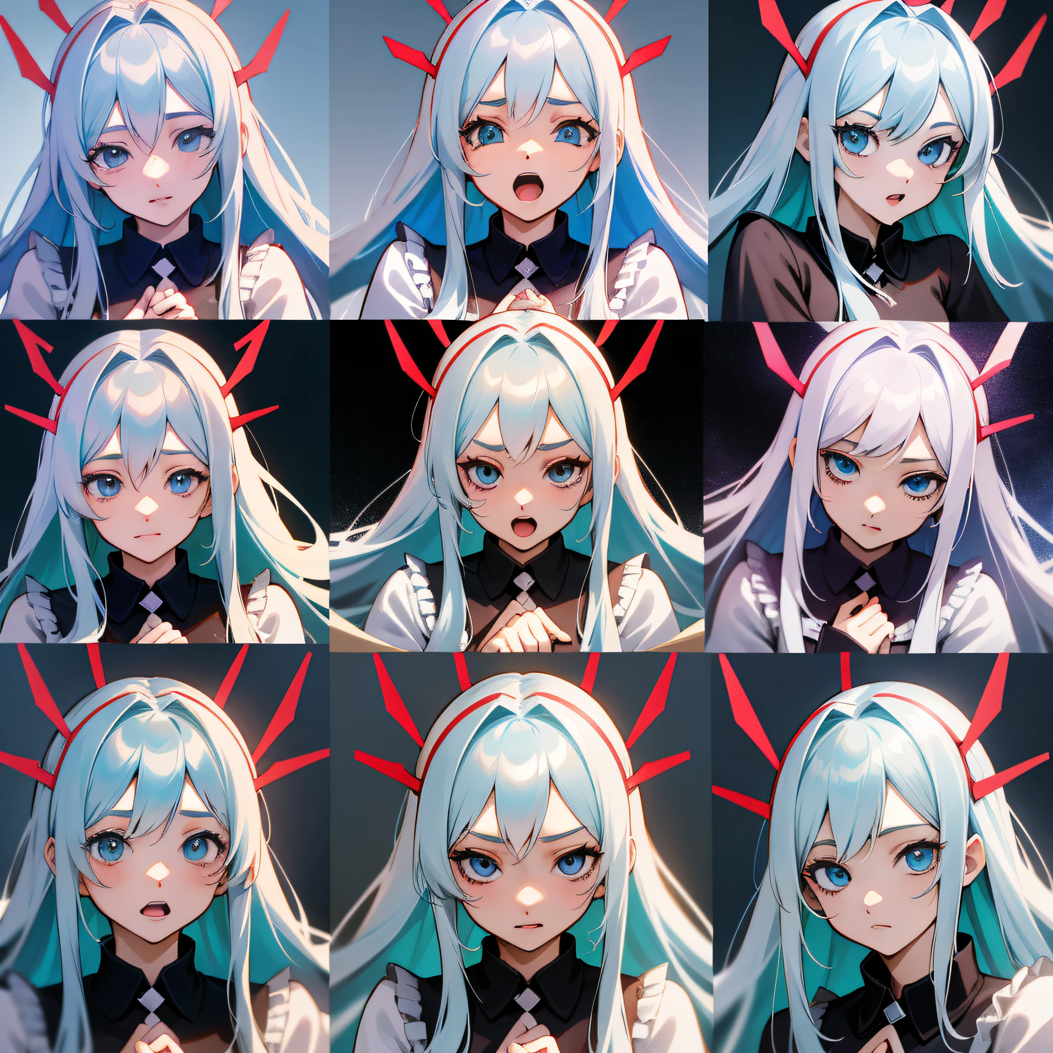 An anime character with long white hair and blue eyes, Muki's manga art, (multiple poses and expressions: 1.5), suitable for memes, contextual art, booru, official art, pixiv.