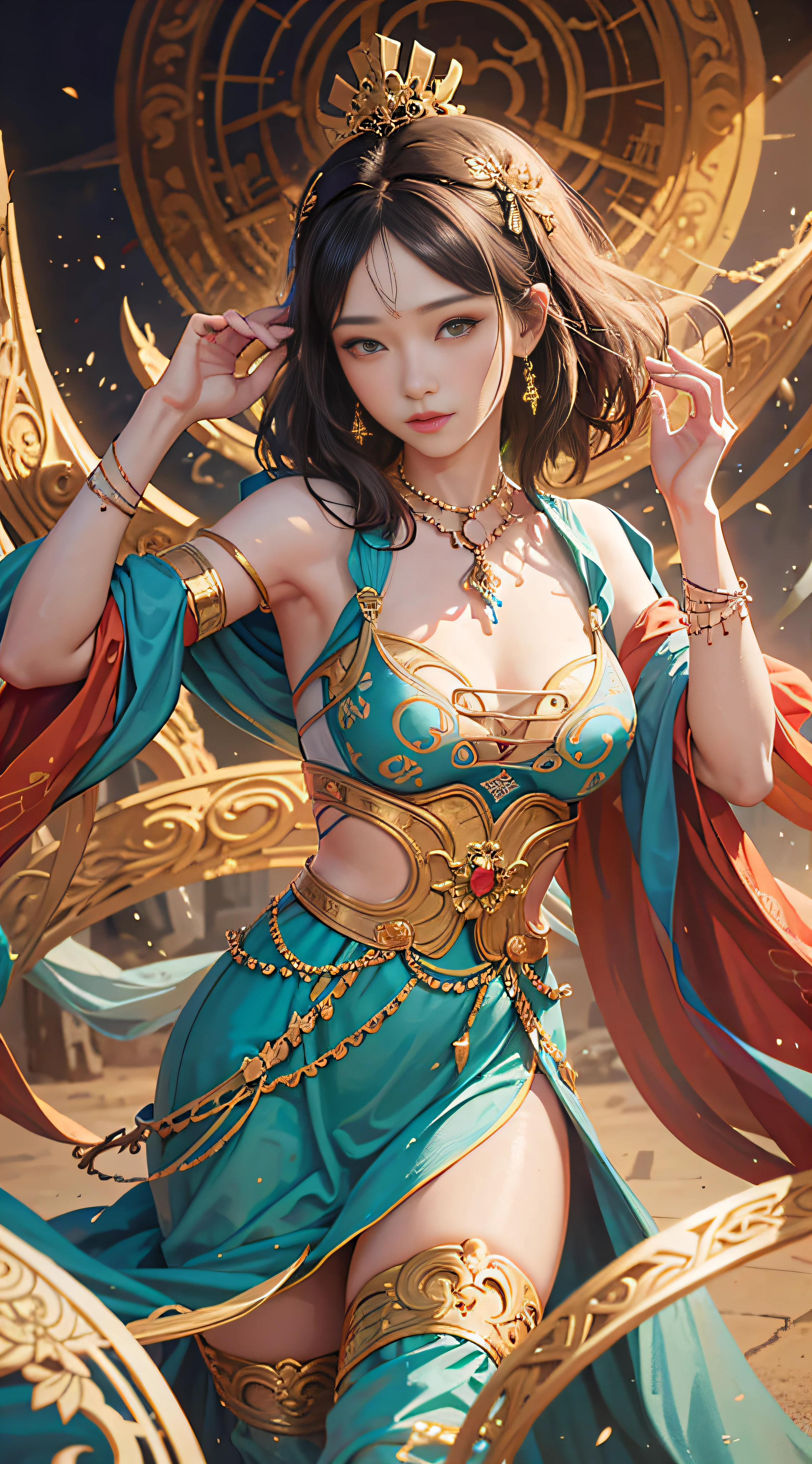 1 girl wink,
dunhuang_cloths,
dunhuang_style,
Best Quality, Realistic, Realistic, Award-Winning Illustrations, (Intricate Details: 1.2), (Fine Details), (Intricate Details), (Cinematic Light, Best Quality Backlight), Clear Lines, Stylish Girls, Sharp Focus, Realistic Face, Detailed Face, Official Art, Unity 8k Wallpaper, Ultra High Resolution, (Realistic: 1.5), Portrait, Dancing,