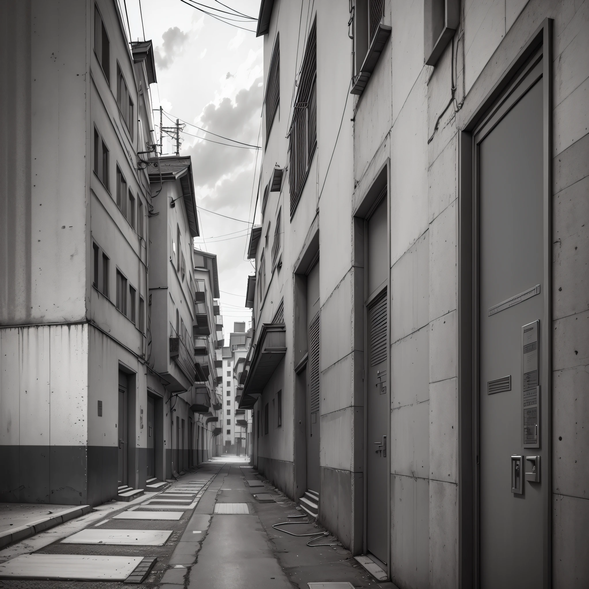 Soviet brutalism, USSR, technology, modern, 4k, realism, anime style ghibli, very detailed, digital painting, elegan, street, alley, black and white, chopped angle --auto --s2