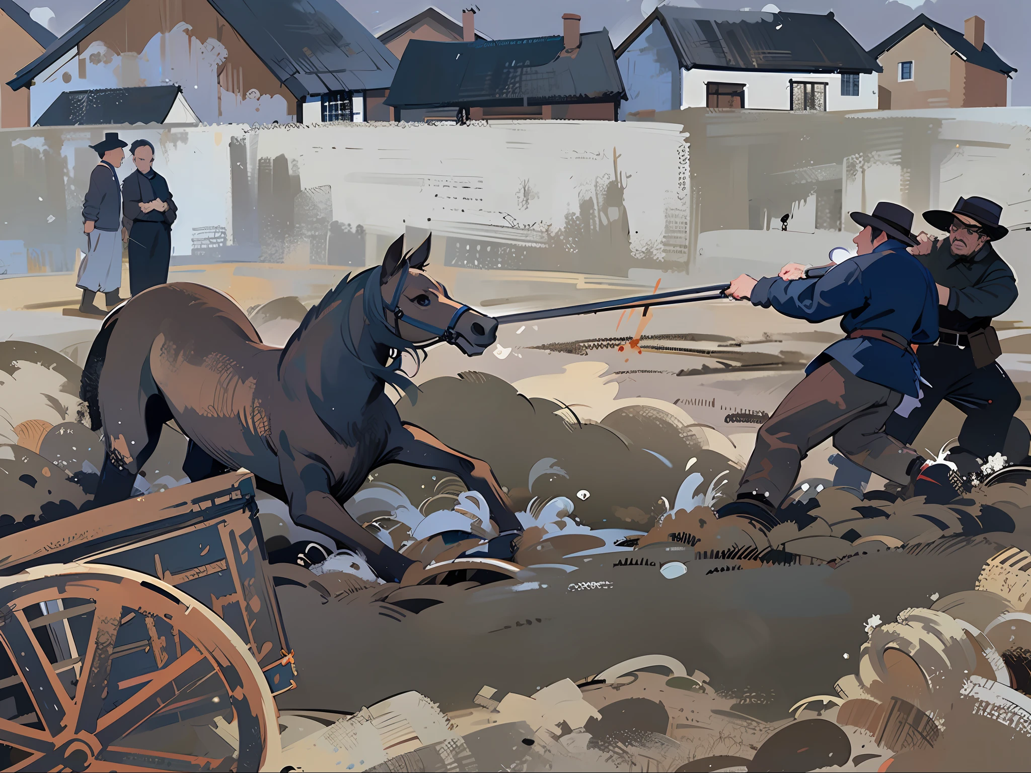 horses pulling a man on a rope in a dirt field, by Trevor Brown, stylised painting, by Kyffin Williams, stylised illustration, by Andrew Robinson, painterly illustration, by Robert Freebairn, by Noel Counihan, by Derek Hill, by Eamon Everall, by David Simpson, 1 8 5 0 s style painting
