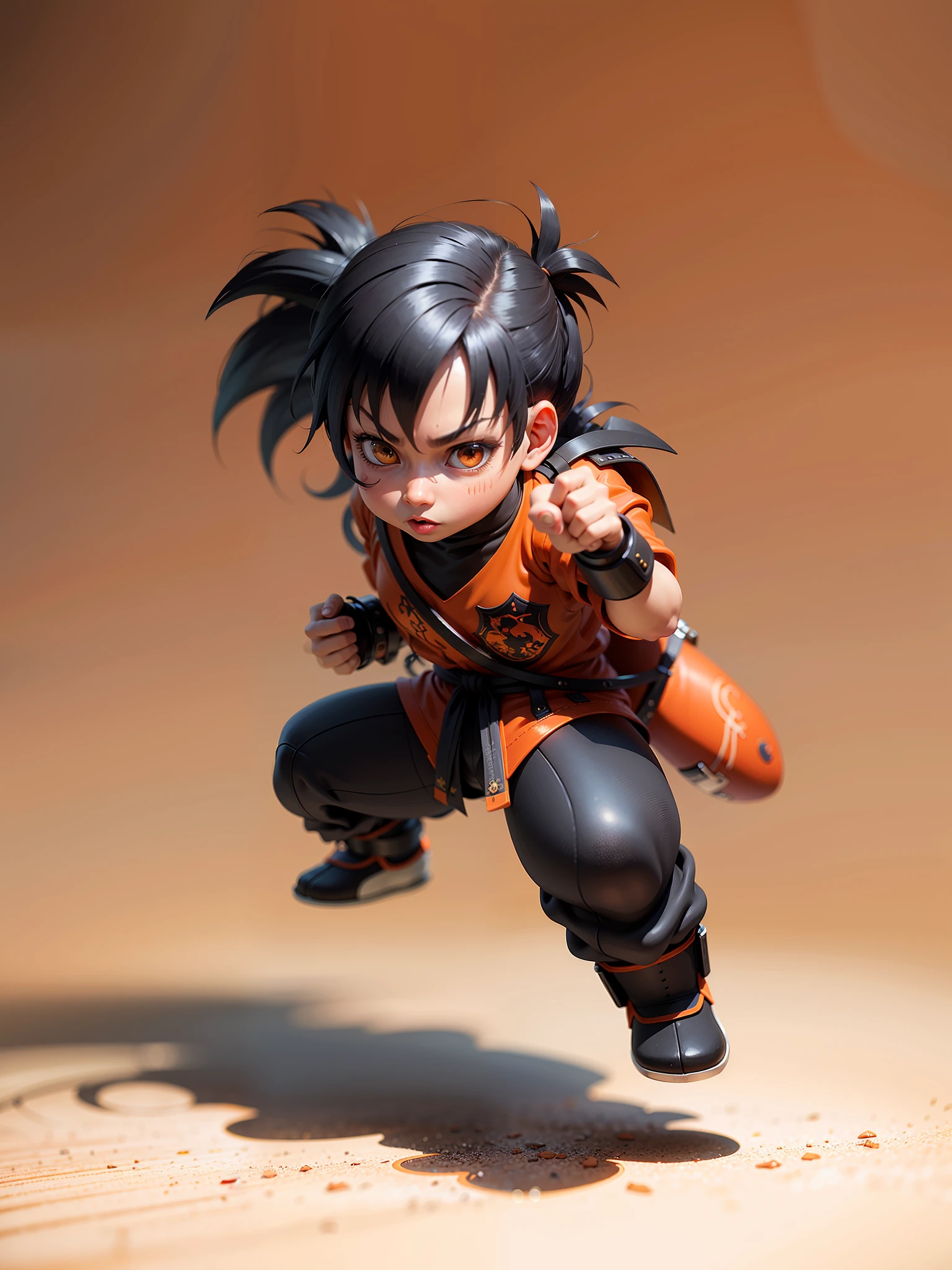 Best quality, super high resolution, (realism: 1.4), super detailed, very detailed, blind box style, scabbard on back, orange clothes, black hair, black eyes, mouth closed, white background,