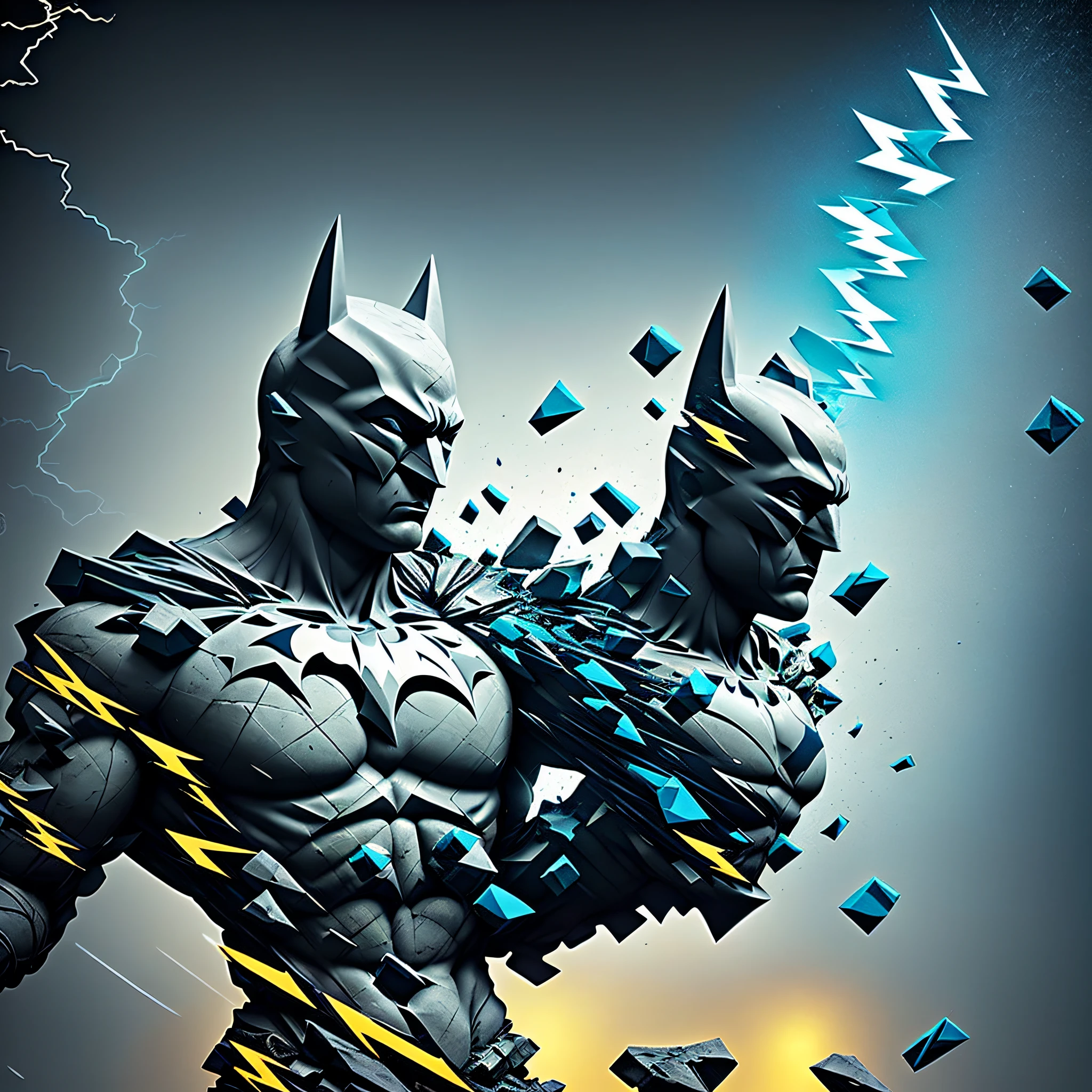 mdjrny-shttr, broken statue of batman made of (marble:1.1) with golden inlays with (blue lightnings:1.3) on background, floating stones from statue, hyper-realism, best quality hyper-realism, best quality