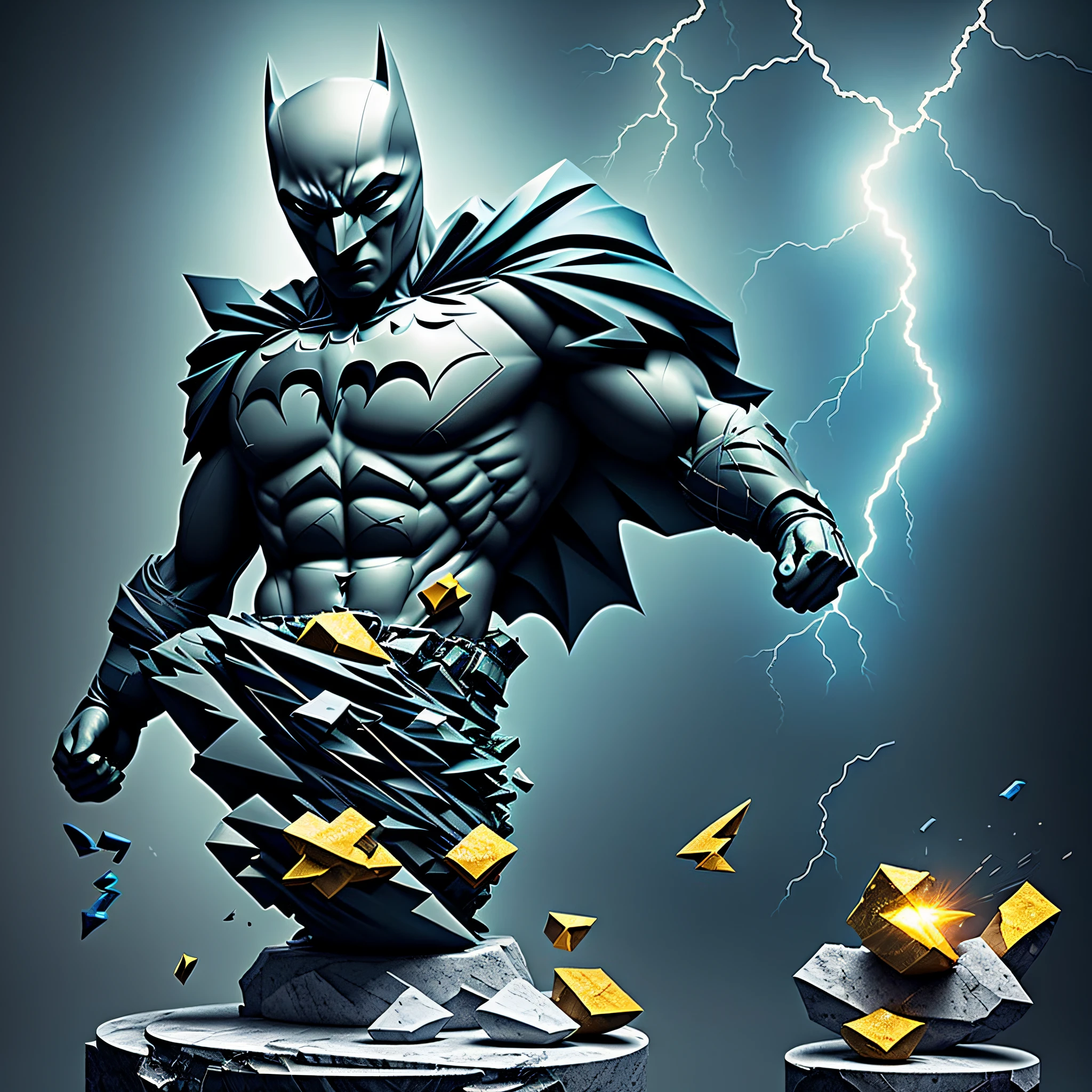 mdjrny-shttr, broken statue of batman made of (marble:1.1) with golden inlays with (blue lightnings:1.3) on background, floating stones from statue, hyper-realism, best quality hyper-realism, best quality