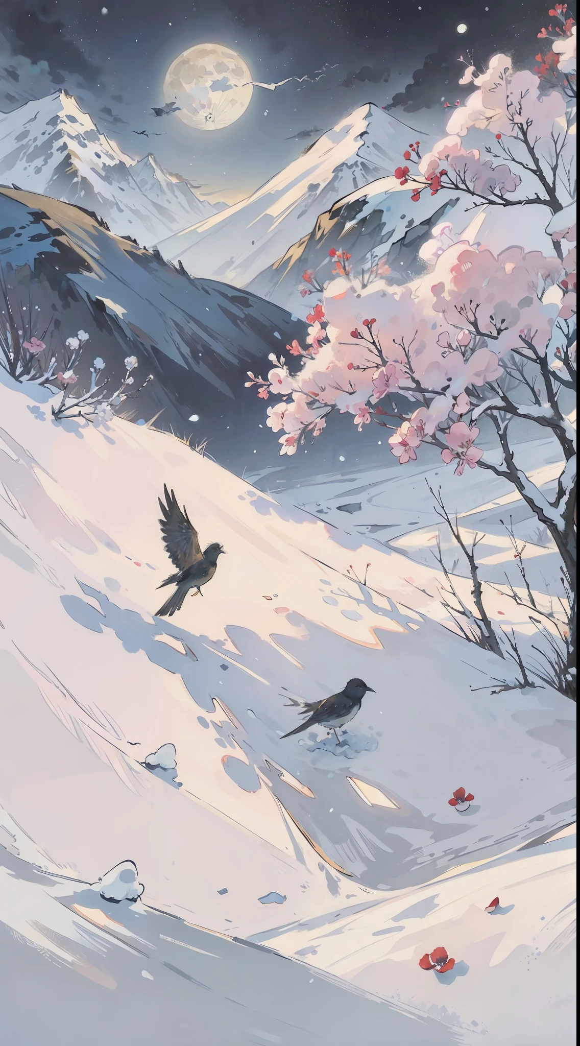 A painting of flowers and birds, the painting is a lot of flowers on the other side of the ground, snow, hills, a full moon in the sky, (do not appear characters)