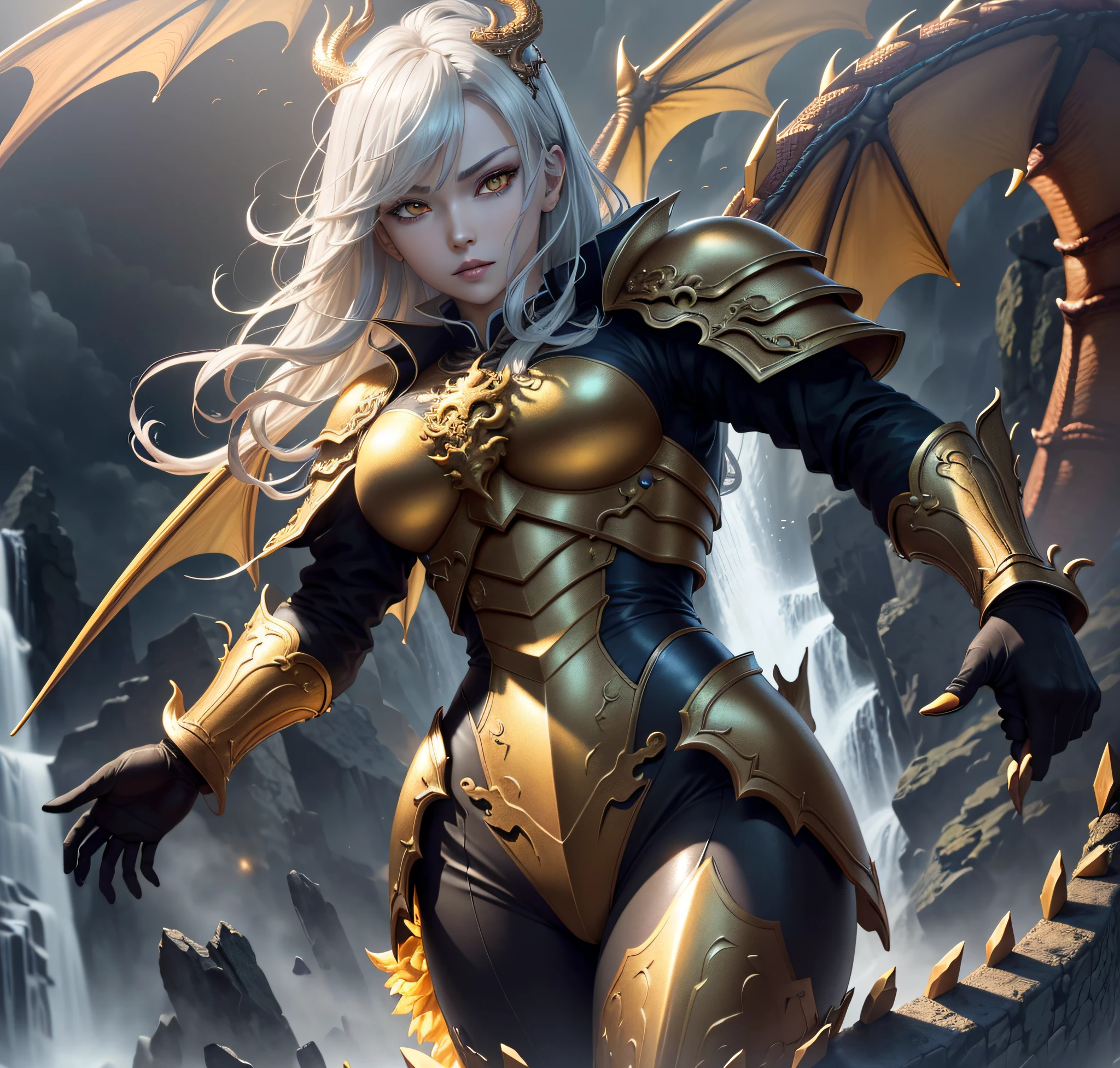 ((Tail is behind)), (Pretty girl in front of the dragon 1, Armor), Highly detailed CG Unity 8K wallpaper), (Best quality: 1.2), (High Definition), (Illustration: 1.1), (Cinematic Light: 1.1), Fine-grained, intricate detail, (Best Illustration), 8K resolution, Intricate detail, Best quality, Realistic, Super detail, Best illumination, Best Shadows, UltraHD, Cryengine, Detailed Reflections, Detailed Shadows, ((Complex Detail))), Smooth, (Perfect Shading)), High Quality Metal Textures, Metallic Glossy, Highly Detailed Illustrations, (Semi-Realistic: 1.6), (Wide Shot: 1.2), (From Below, Dutch Angle), (Beautiful Eyes to the Detail: 1.1 (Lifelike Body: 1.2), Viewers Watch ((Golden Giant Dragon: 1.6)), (Glowing Eyes\[Magic Square of the Eyes [Yellow\]), Silvery Long Hair, Hairs Between the Eyes, Sigma 135mm Lens, (Giant Waterfall Background), Dynamic Camera Angles, (Warzone), (High Quality Detailed Ruins)), (Depth of Field), (Cinematic Lighting)), (( Horror)), ((Dark Fantasy)), Love Krafchan, Spot Color, Splash Blood, (Best Illumination), (Very Intricate Detail), (((Ultra Detail)), 4K Unity, (Highly Detailed CG: 1.2), (8k: 1.1), (Landscape), Art Station, ((Sui Ishida, Wen Jun Lin, Stefan Morel)), Dystopian Art, Apocalyptic Art, (Semi-Realism), (Dynamic), (nixeu_basic 2:0.5)