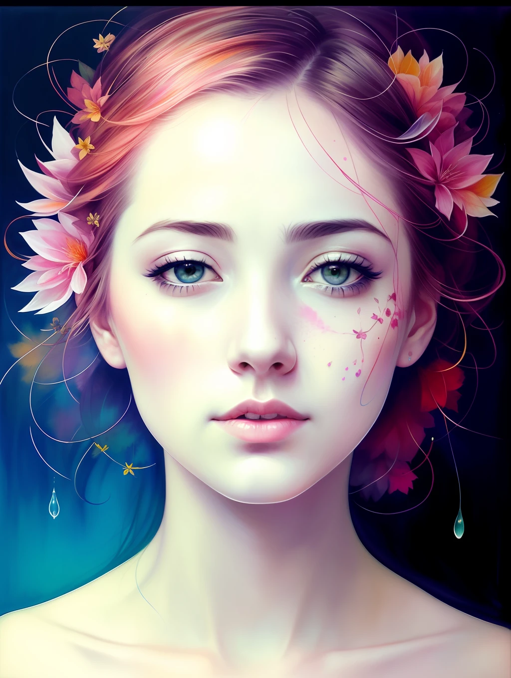 A botanical masterpiece in the style of Marco Mazzoni, detailed, hyper-realistic, elemets of symbolism and surrealism, a painting by mse a woman by agnes cecile, luminous design, pastel colours, ink drips, autumn lights, intricate design, intertwined, beautiful woman, flowers, pastel
