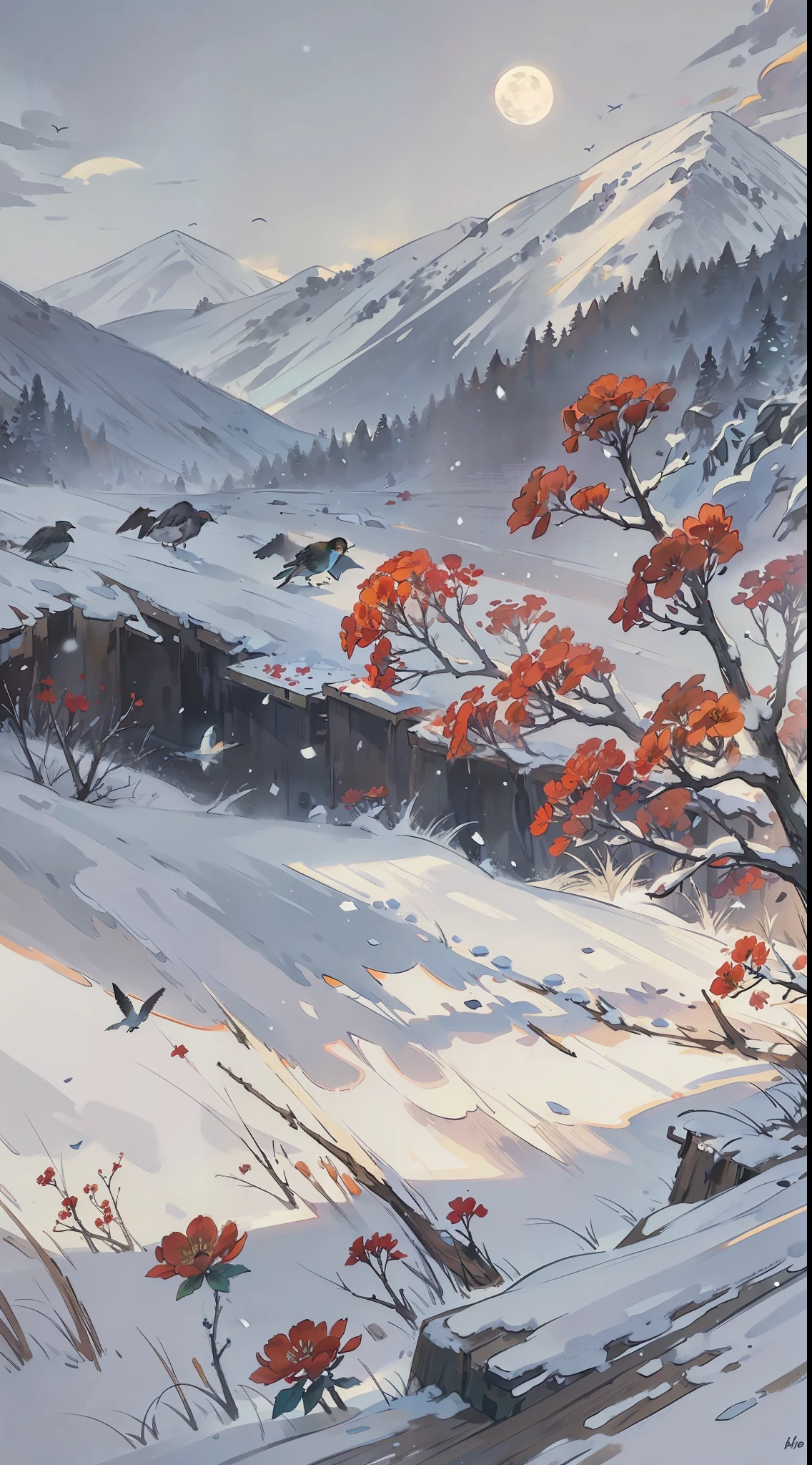 A painting of flowers and birds, the painting is a lot of flowers on the other side of the ground, snow, hills, a full moon in the sky, (do not appear characters)