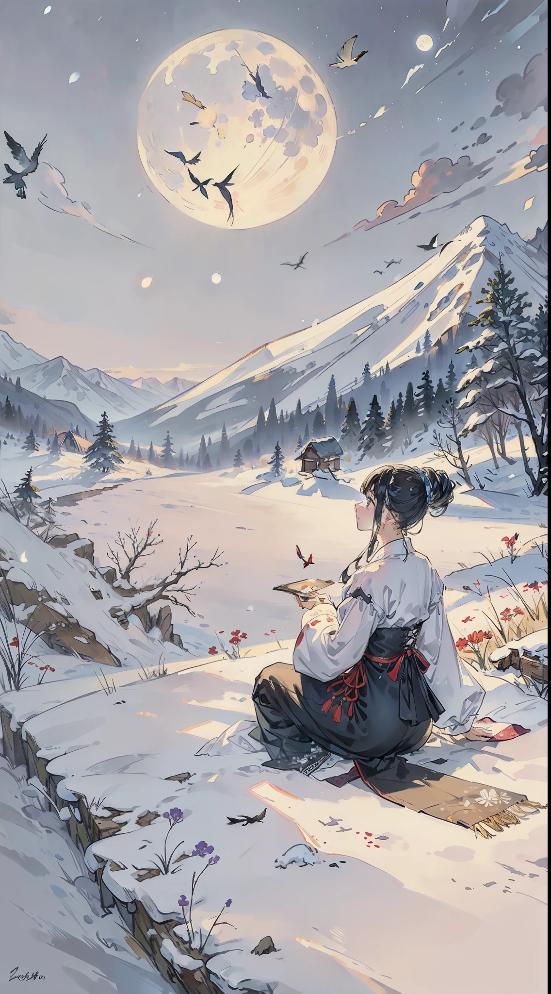 A painting of flowers and birds, the painting is a lot of flowers on the other side of the ground, snow, hills, a full moon in the sky, (do not appear characters)