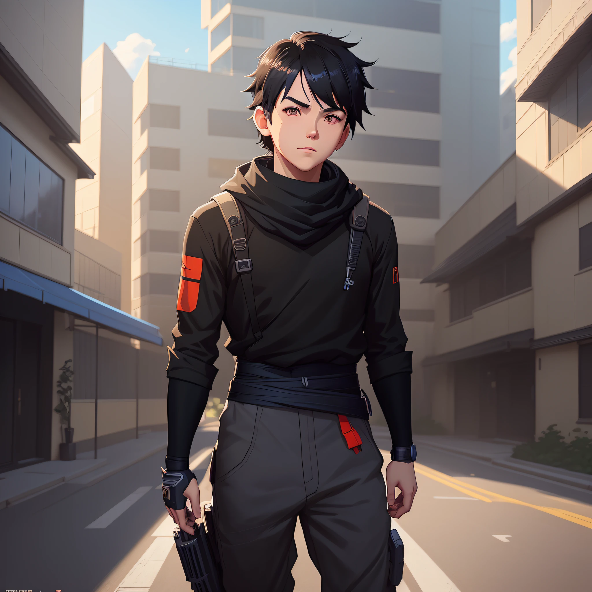 Anime boy with black shirt standing in front of a building, Apex Legends, blue bandana, Artgerm and Atey Ghailan, digital art Ilya Kuvshinov, Ilya Kuvshinov style, landscape by Ilya Kuvshinov, Illya Kuvshinov, Guweiz style artwork, anime style digital art
