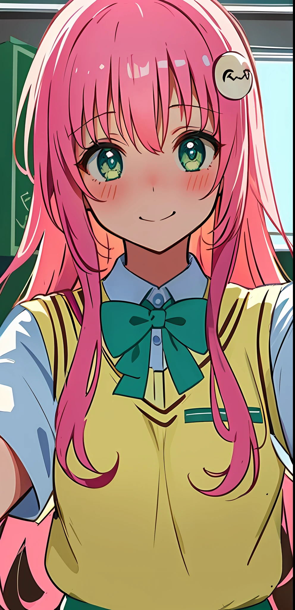masterpiece, best quality, ultra-detailed, illustration, 1girl, (upper body:1.4), (looking at viewer:1.4), school uniform, looking at viewer, classroom, (blush:1.2), smile, , beautiful detailed eyes, beautiful detailed glow, lots of glow, lala satalin deviluke, selfie, green eyes, hair pin