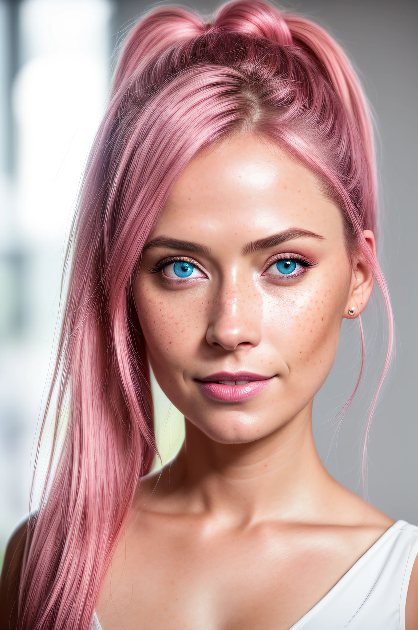 (RAW photo) night scene, close-up photo of a sexy girl, posing, looking at the viewer, smiling, pink hair in a ponytail, (((bright blue eyes)))), soft volumetric lights, soft key and filler lighting, (backlit: 1.3), (cinematic: 1.3), intricate details, (ArtStation: 1.2), skin spots, (freckles: 0.9), detailed eyes, micro details, FUJI XT3, photorealistic,  photorealism