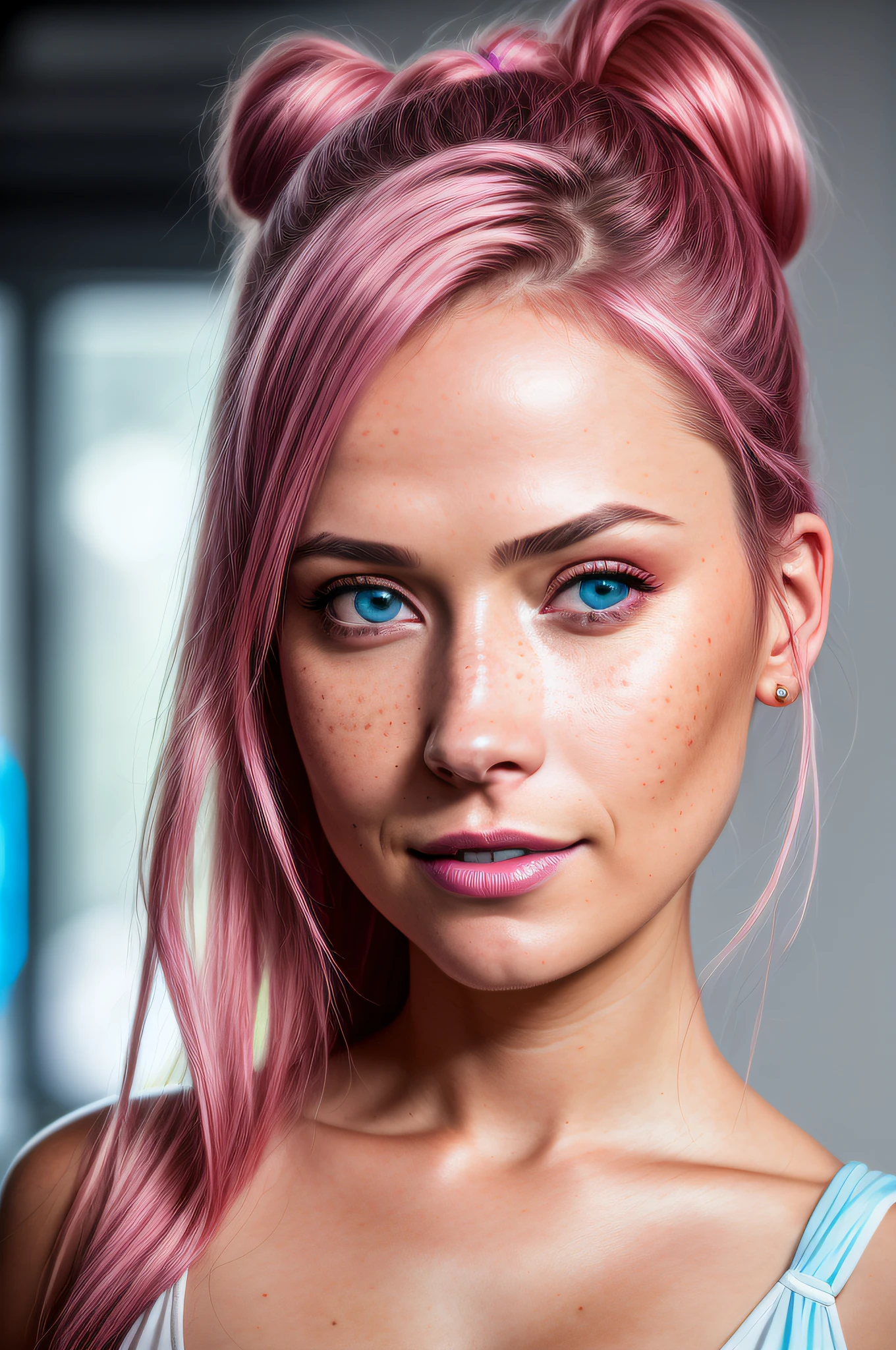 (RAW photo) night scene, close-up photo of a sexy girl, posing, looking at the viewer, smiling, pink hair in a ponytail, (((bright blue eyes)))), soft volumetric lights, soft key and filler lighting, (backlit: 1.3), (cinematic: 1.3), intricate details, (ArtStation: 1.2), skin spots, (freckles: 0.9), detailed eyes, micro details, FUJI XT3, photorealistic,  photorealism