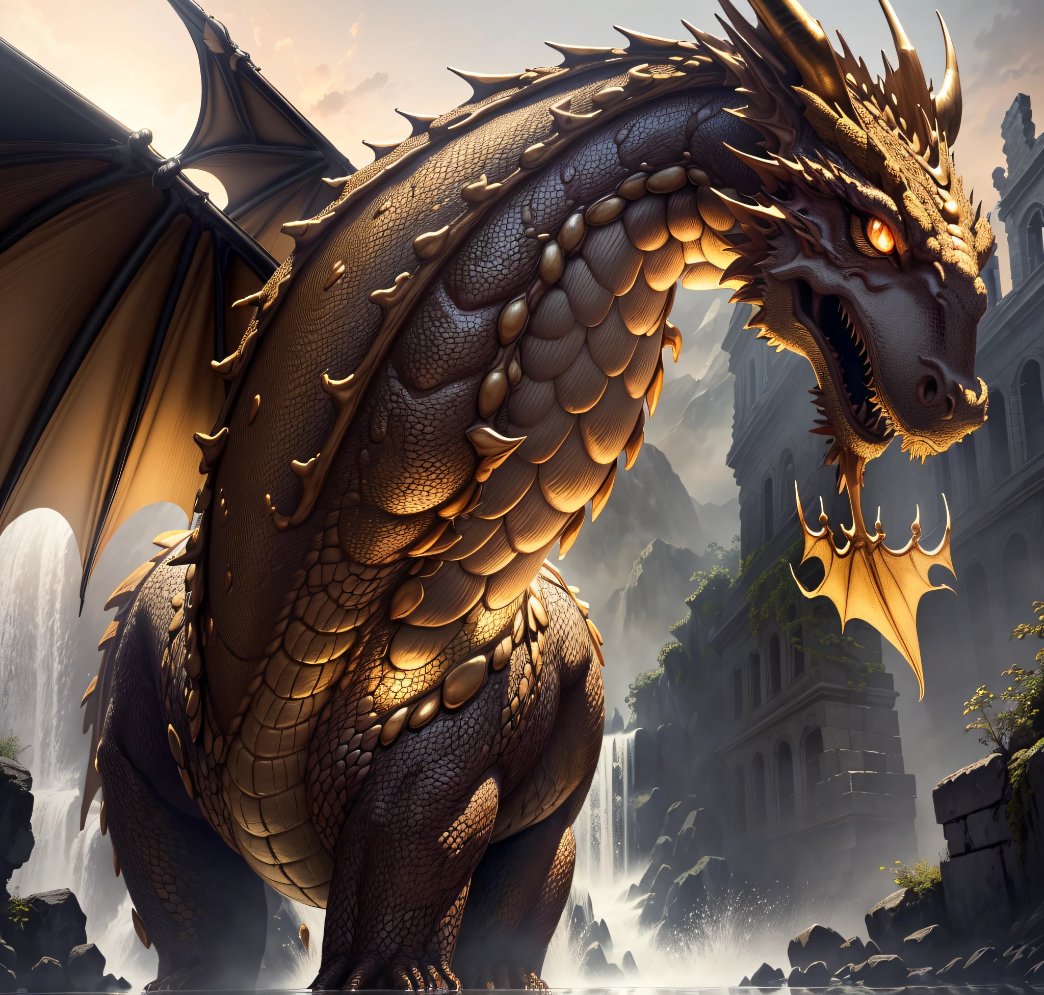 ((Tail is behind)), (Pretty girl in front of the dragon 1, Armor), Highly detailed CG Unity 8K wallpaper), (Best quality: 1.2), (High Definition), (Illustration: 1.1), (Cinematic Light: 1.1), Fine-grained, intricate detail, (Best Illustration), 8K resolution, Intricate detail, Best quality, Realistic, Super detail, Best illumination, Best Shadows, UltraHD, Cryengine, Detailed Reflections, Detailed Shadows, ((Complex Detail))), Smooth, (Perfect Shading)), High Quality Metal Textures, Metallic Glossy, Highly Detailed Illustrations, (Semi-Realistic: 1.6), (Wide Shot: 1.2), (From Below, Dutch Angle), (Beautiful Eyes to the Detail: 1.1 (Lifelike Body: 1.2), Viewers Watch ((Golden Giant Dragon: 1.6)), (Glowing Eyes\[Magic Square of the Eyes [Yellow\]), Silvery Long Hair, Hairs Between the Eyes, Sigma 135mm Lens, (Giant Waterfall Background), Dynamic Camera Angles, (Warzone), (High Quality Detailed Ruins)), (Depth of Field), (Cinematic Lighting)), (( Horror)), ((Dark Fantasy)), Love Krafchan, Spot Color, Splash Blood, (Best Illumination), (Very Intricate Detail), (((Ultra Detail)), 4K Unity, (Highly Detailed CG: 1.2), (8k: 1.1), (Landscape), Art Station, ((Sui Ishida, Wen Jun Lin, Stefan Morel)), Dystopian Art, Apocalyptic Art, (Semi-Realism), (Dynamic), (nixeu_basic 2:0.5)