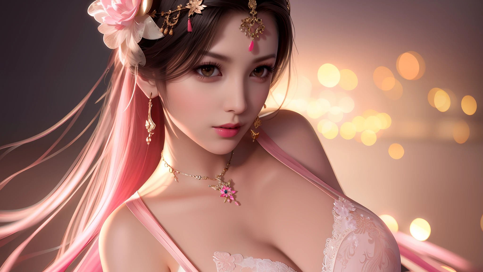 best quality, masterpiece, highres, 1girl, lingerie china armor, hair ornament, necklace, jewelry, Beautiful face, upon_body, tyndall effect, photorealistic, dark studio, rim lighting, two tone lighting, (high detailed skin:1.2), 8k uhd, dslr, soft lighting, high quality, volumetric lighting, candid, Photograph, high resolution, 4k, 8k, Bokeh, medium breasts, (light pink lips),
