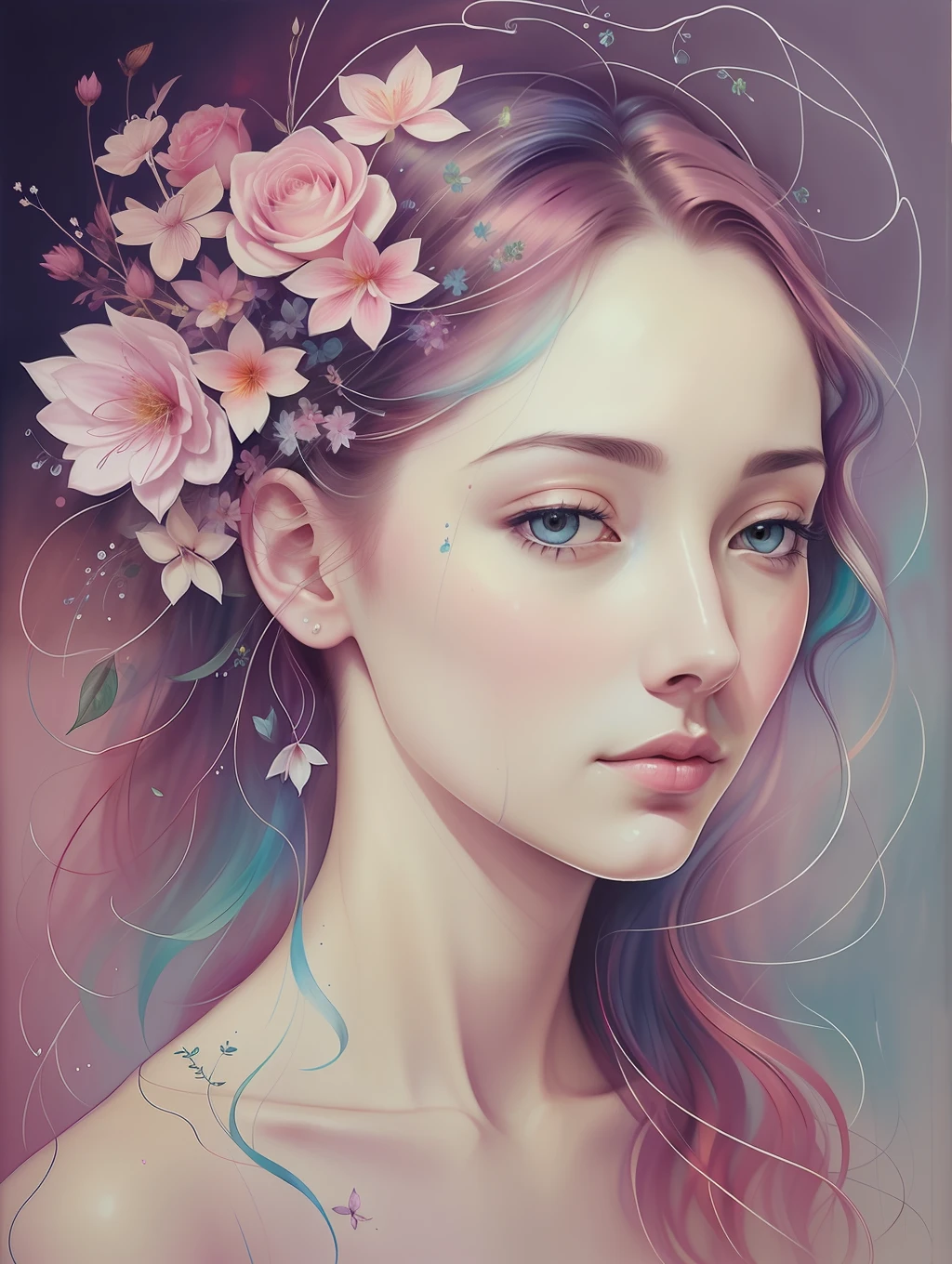 A botanical masterpiece in the style of Marco Mazzoni, detailed, hyper-realistic, elemets of symbolism and surrealism, a painting by mse a woman by agnes cecile, luminous design, pastel colours, ink drips, spring lights, intricate design, intertwined, beautiful woman, flowers, pastel